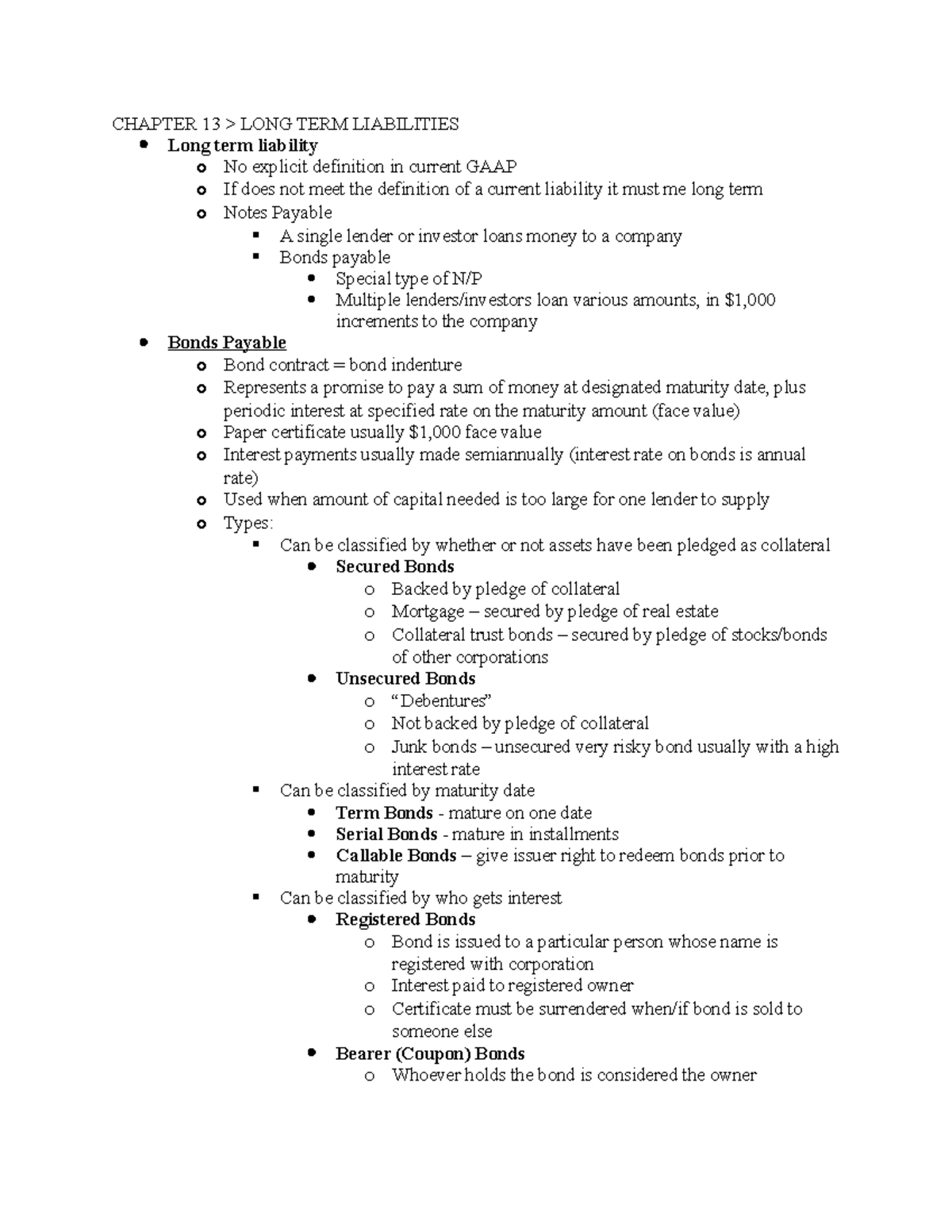 ACCT 302 CH 13 - Chapter 13 notes - CHAPTER 13 > LONG TERM LIABILITIES ...