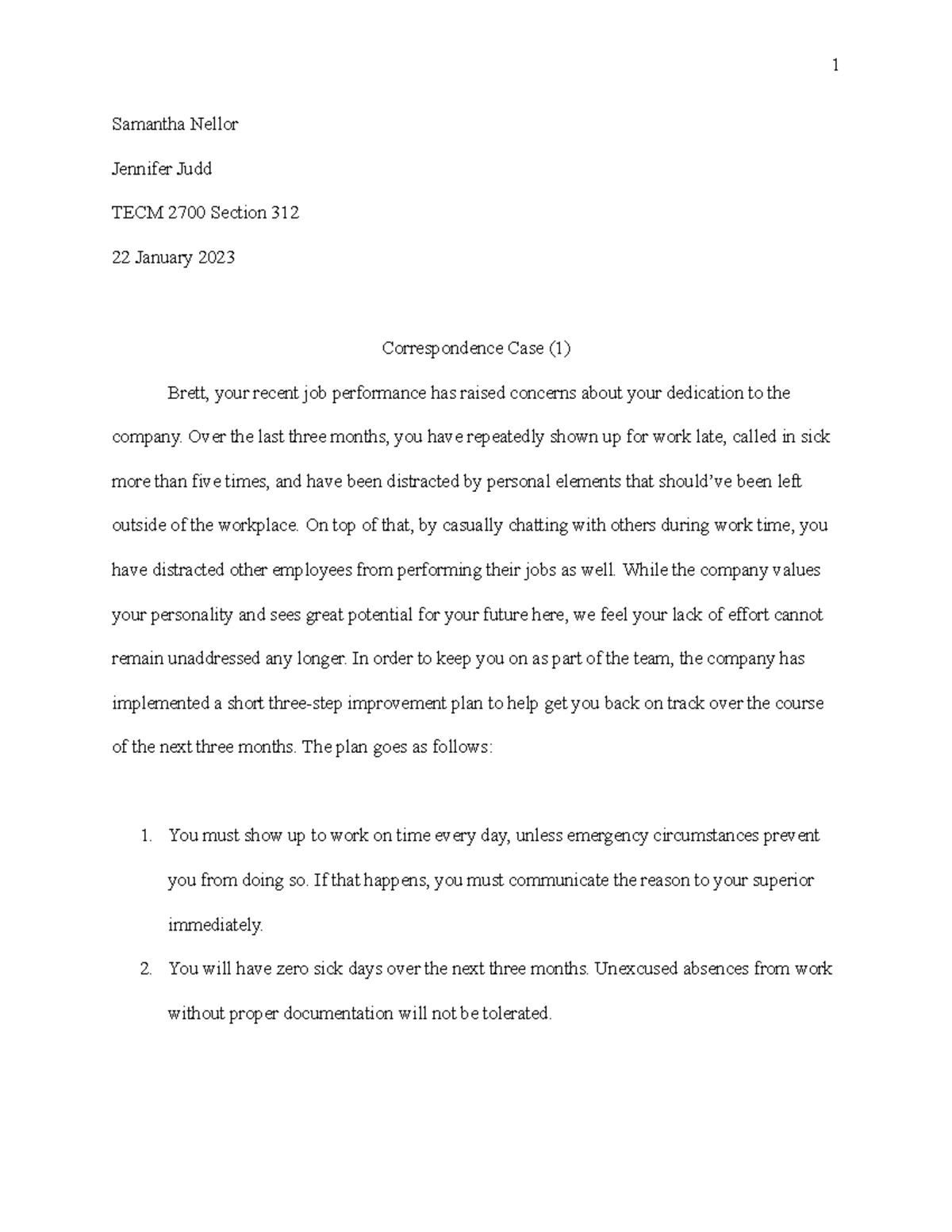 Correspondence Case - Professor Jennifer Judd - 1 Samantha Nellor ...