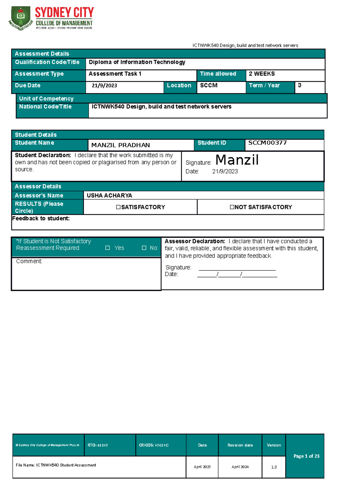 ICTNWK540 Student Assessment Tasks 1 - Assessment Details Qualification ...