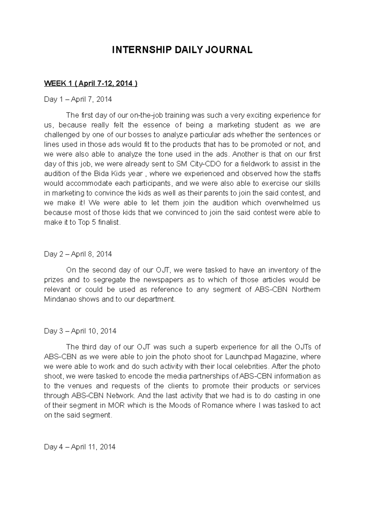 245076699 internship daily journal INTERNSHIP DAILY JOURNAL WEEK 1