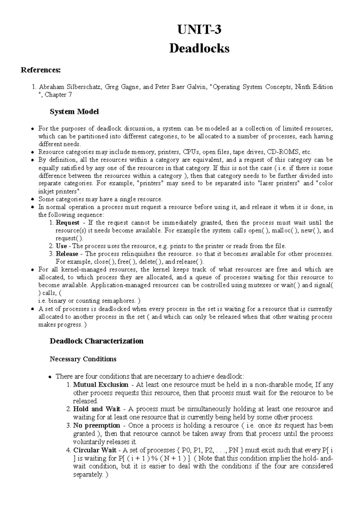 Operating Systems Deadlocks - UNIT- Deadlocks References: 1. Abraham ...