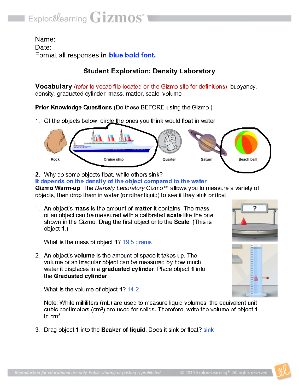 11 2 Density Lab SE Gizmo Name Date Format All Responses In Blue 