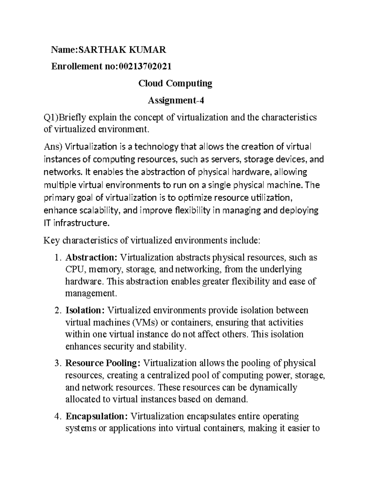 Cloud Computing assignment - Name:SARTHAK KUMAR Enrollement no: Cloud ...