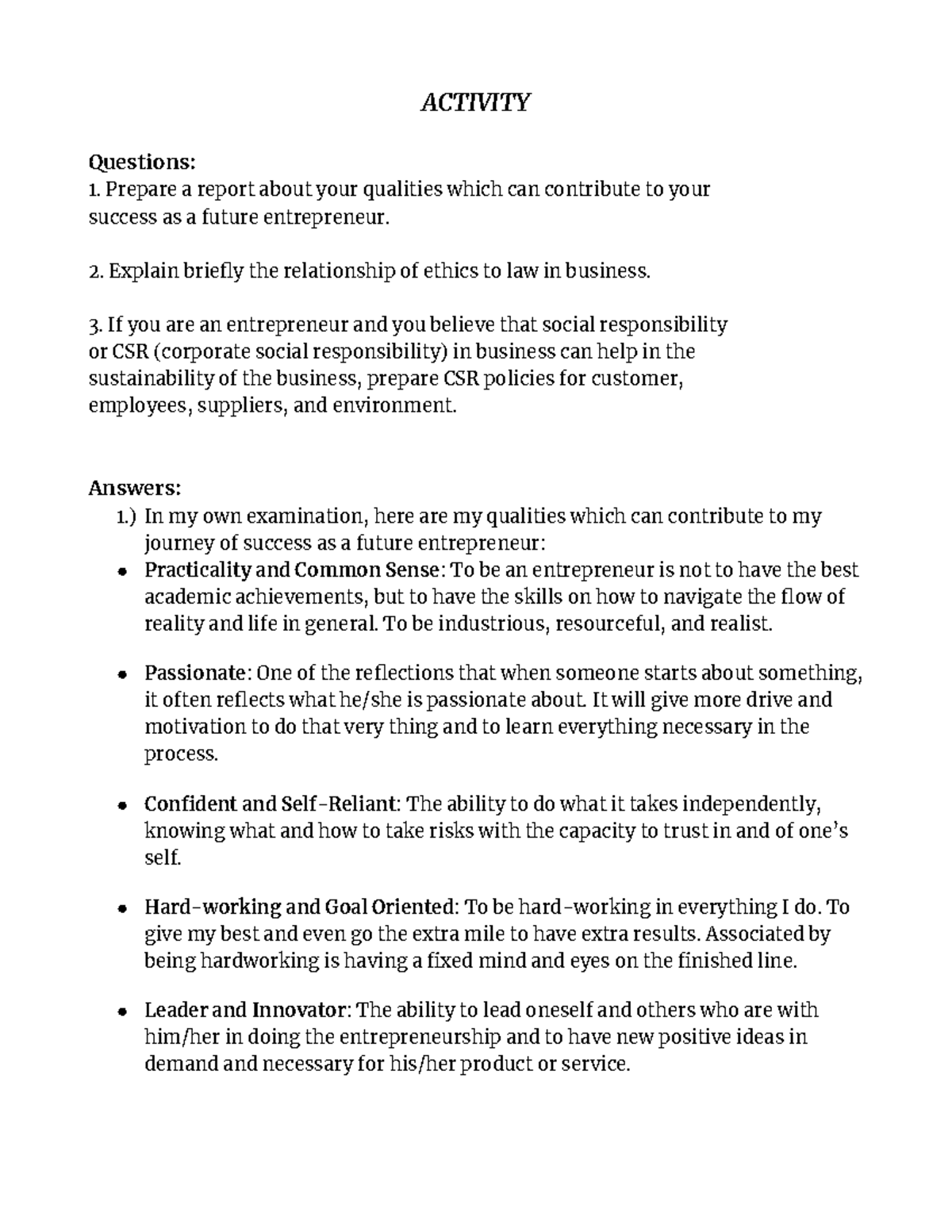 Corporate Social Responsibility - ACTIVITY Questions: Prepare a report ...