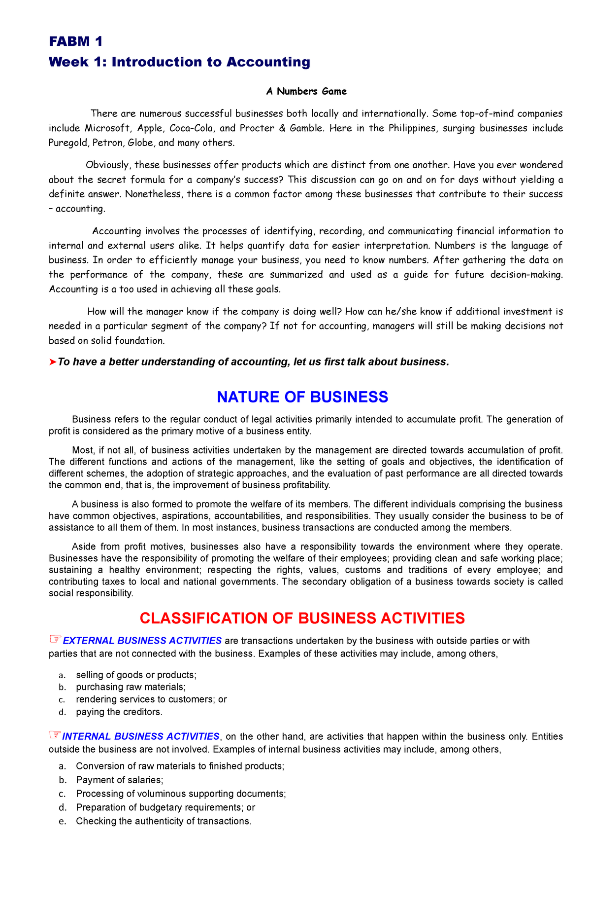 W1 - Fabm 1 - FABM 1 Week 1: Introduction To Accounting A Numbers Game ...