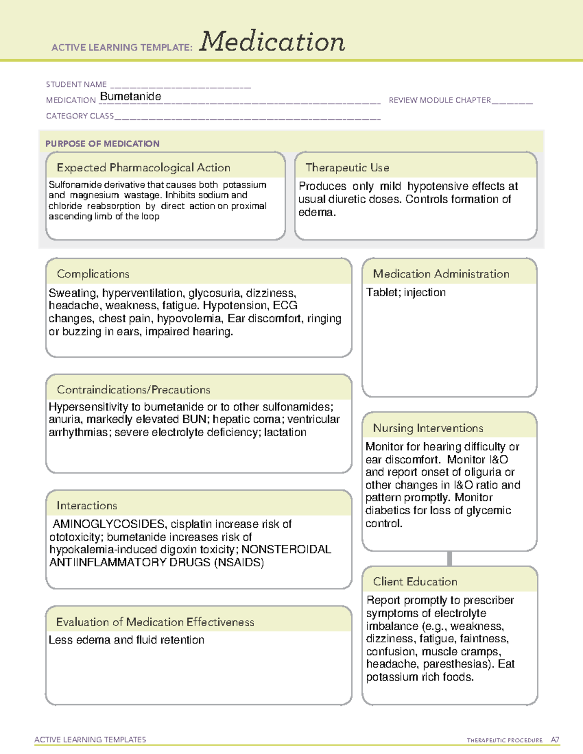 Bumetanide - ATI Drug Card - ACTIVE LEARNING TEMPLATES TherapeuTic ...