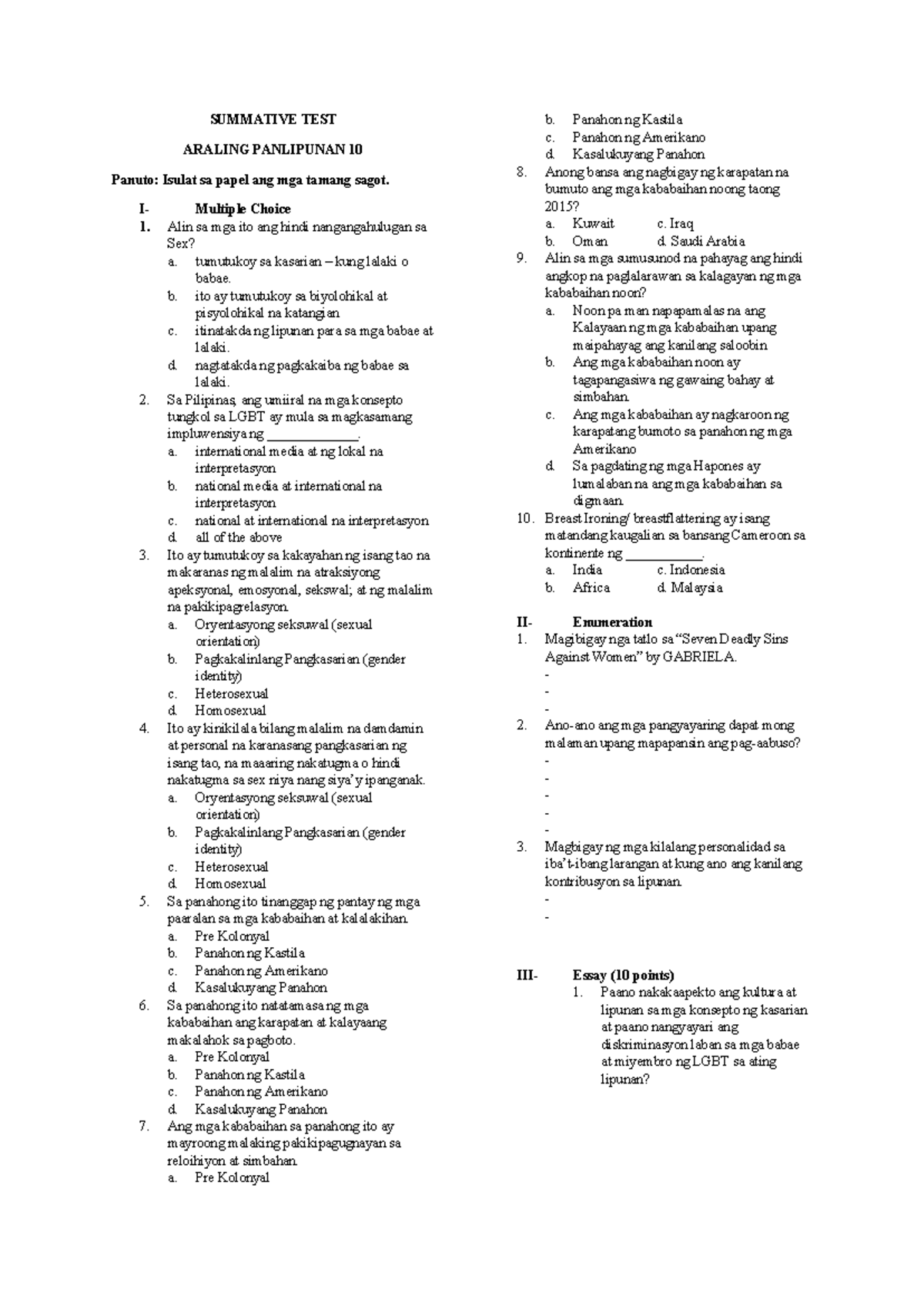 Summative TEST - SUMMATIVE TEST ARALING PANLIPUNAN 10 Panuto: Isulat sa ...