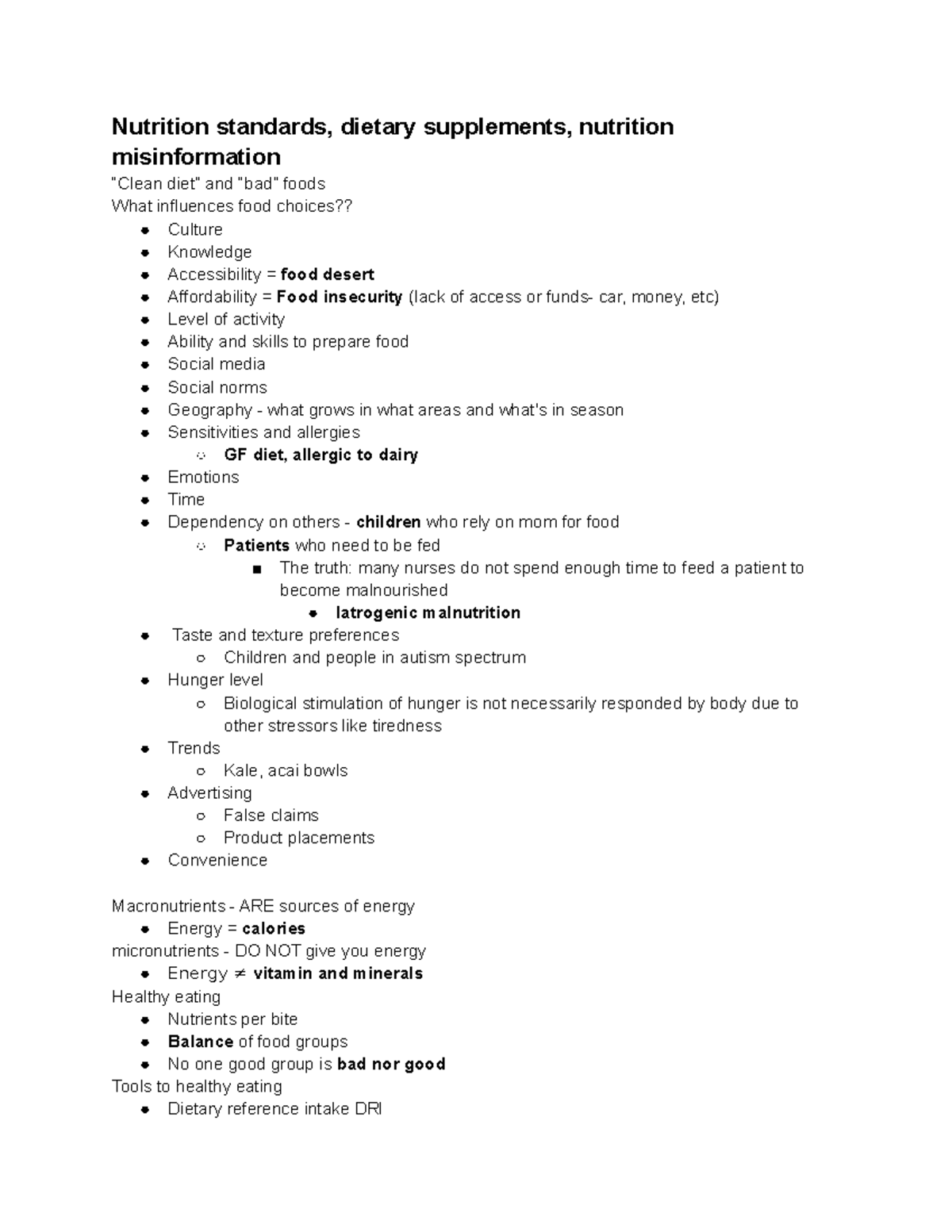 Nutrition notes final review - Nutrition standards, dietary supplements ...