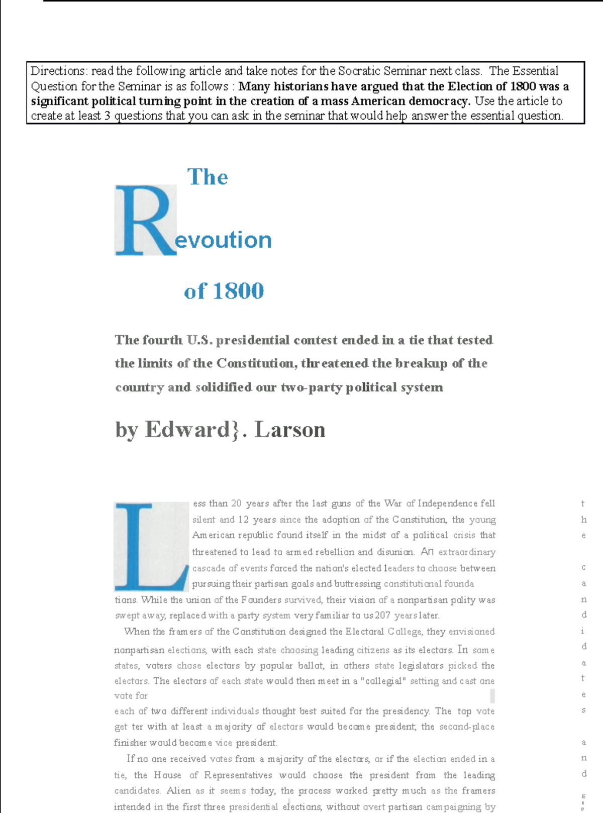 Revolution of 1800 - just something to help - Directions: read the ...