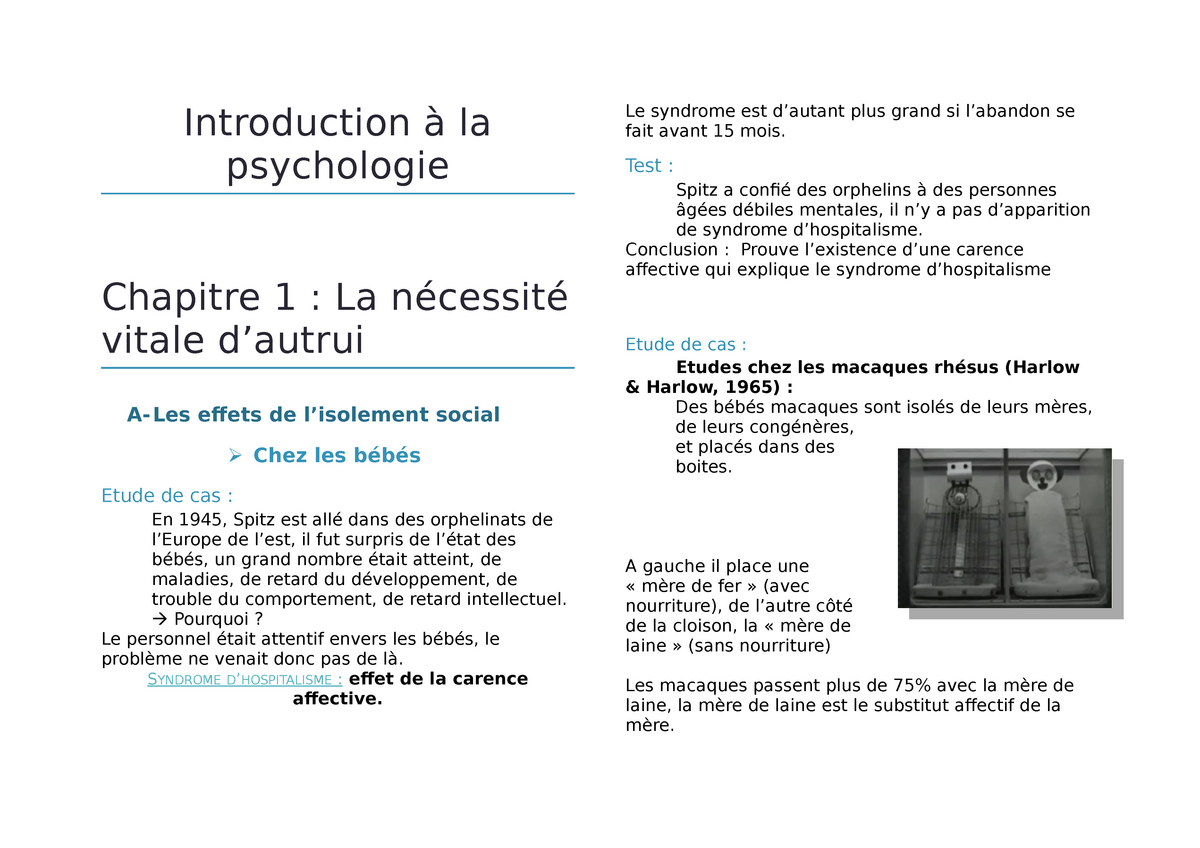 Introduction à la psychologie  Introduction à la psychologie Chapitre