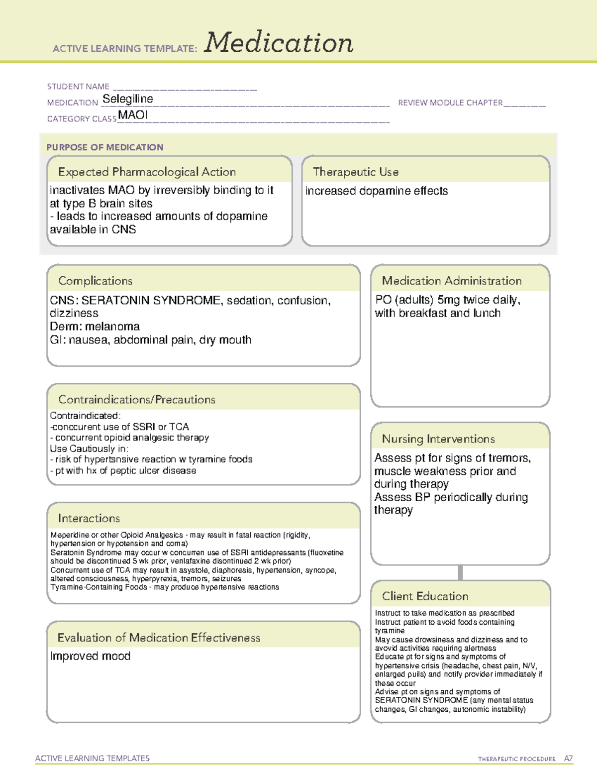 Selegiline ATI Medication Template Mental Health ACTIVE LEARNING