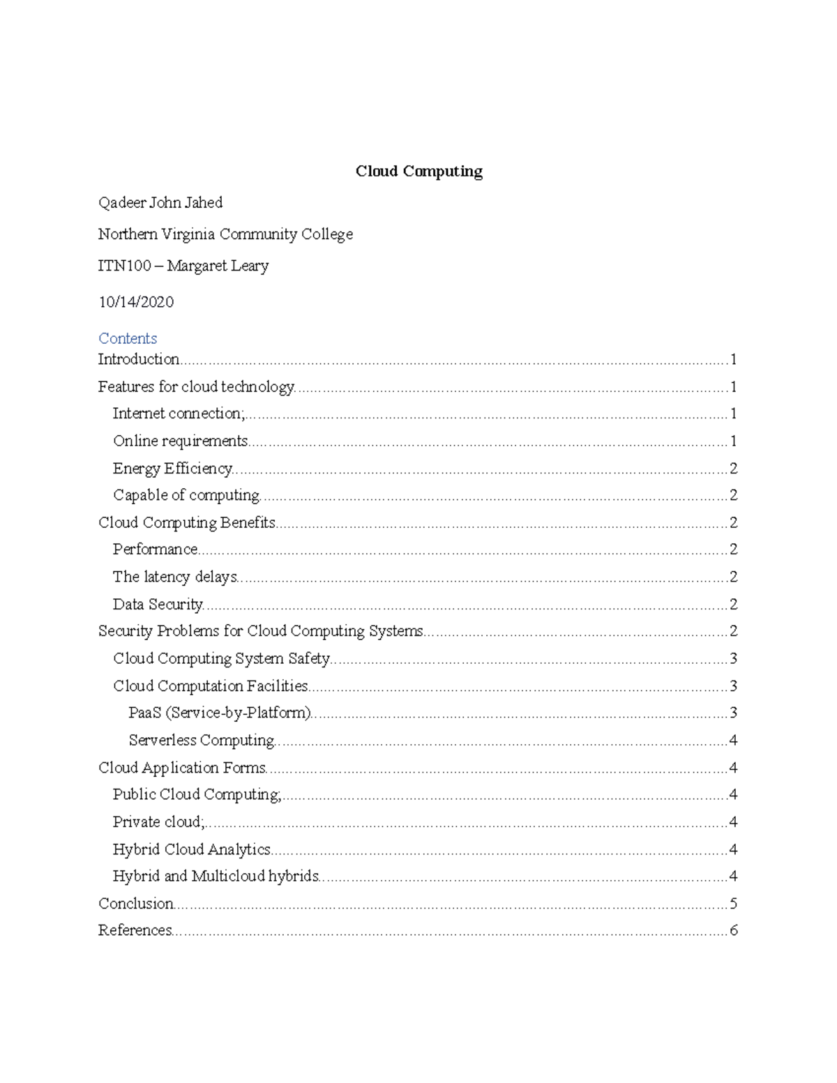 Research Essay - ITN 100 - Qadeer John Jahed - Cloud Computing Qadeer ...