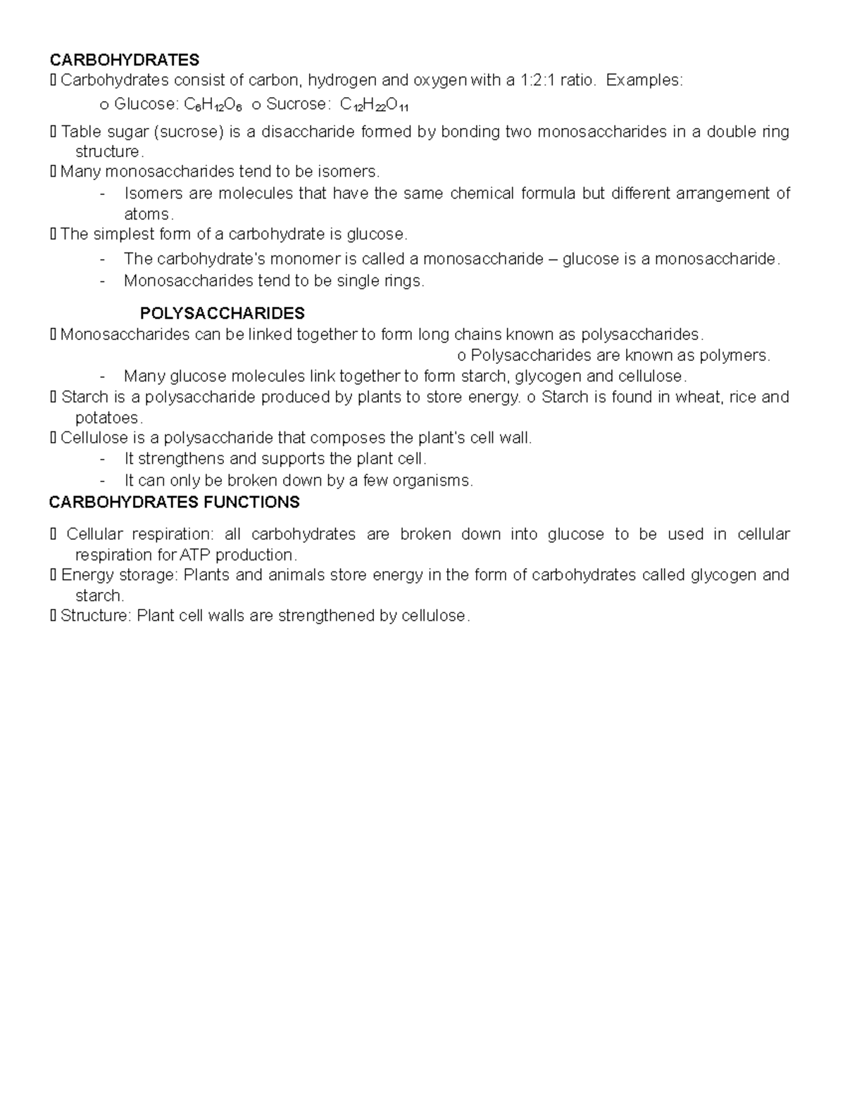 Carbohydrates Examples o Glucose C 6 H 12 O 6 o Sucrose C 12 H 22