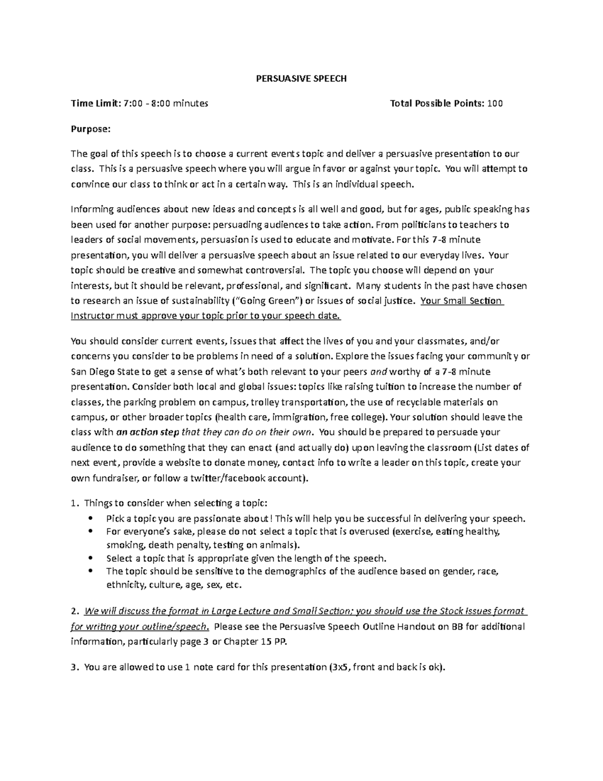 C 103 Persuasive Speech Handout PERSUASIVE SPEECH Time Limit 700