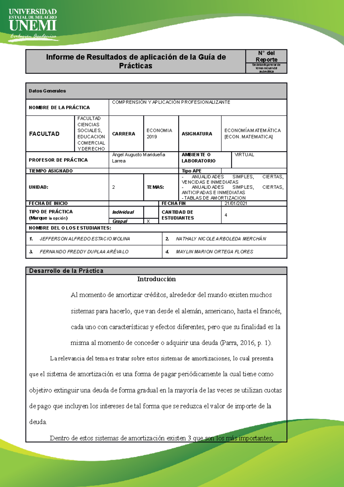 Informe GUIA Practica - SAWSASASA - Informe De Resultados De Aplicación ...