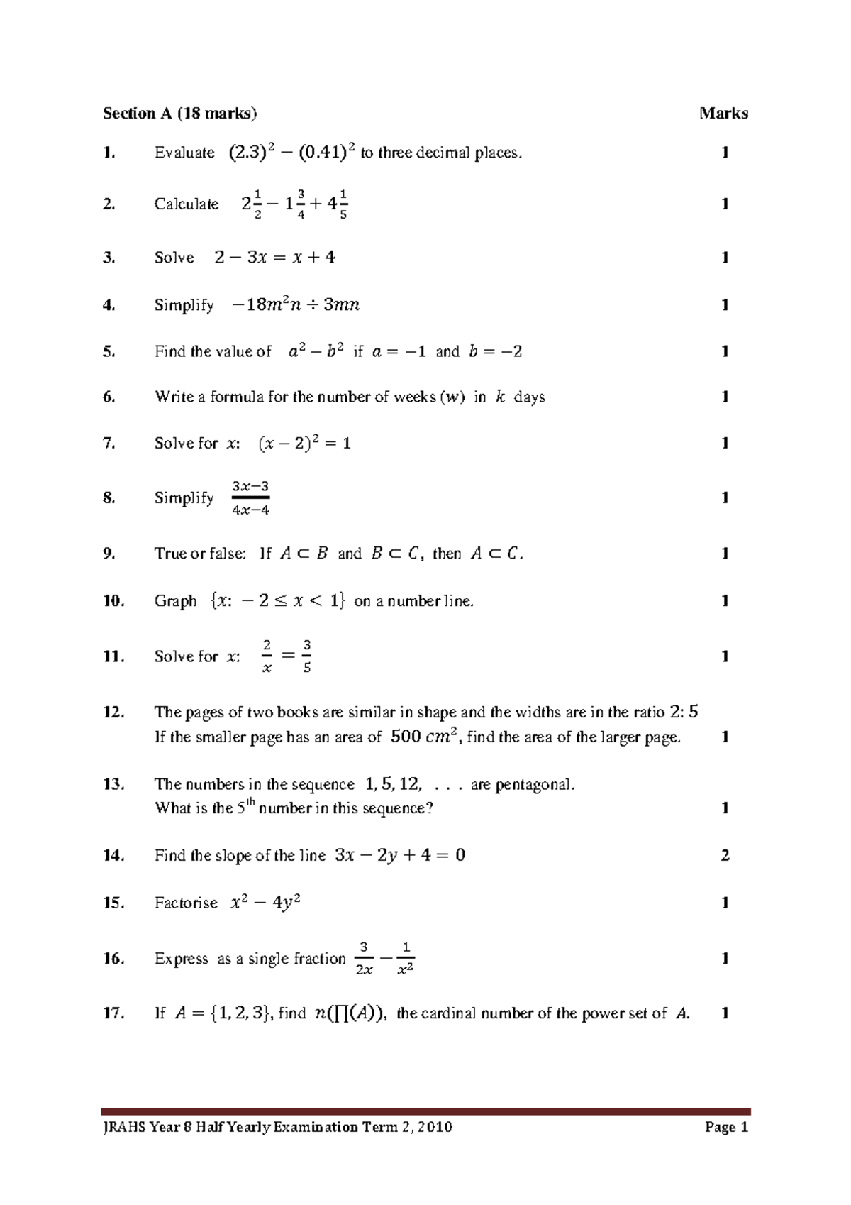 Yr8 hy 2010 - math aid - Section A (18 marks) Marks 1. Evaluate (2) − ...