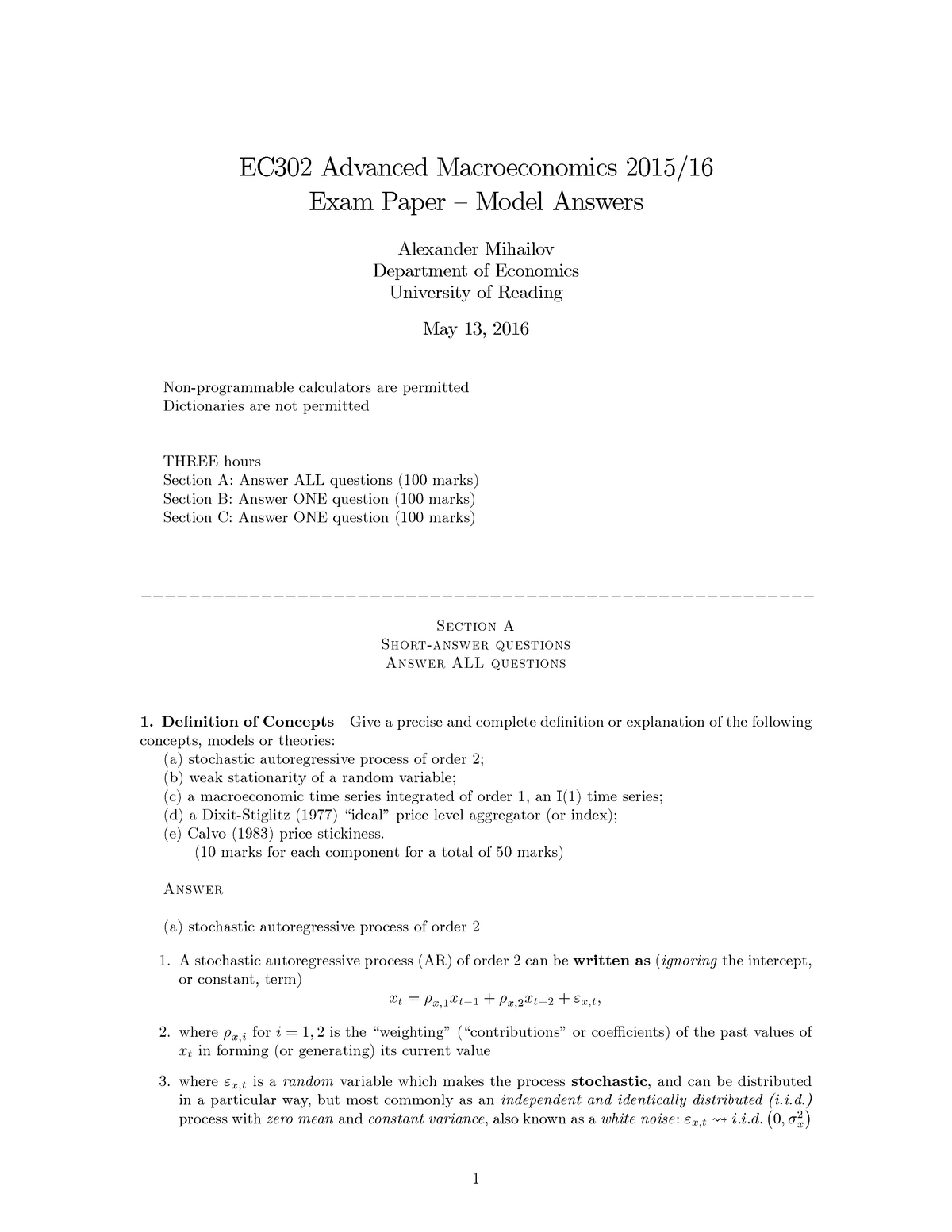 Exam 2016, answers EC302 Advanced Macroeconomics 2015 16 Exam Paper