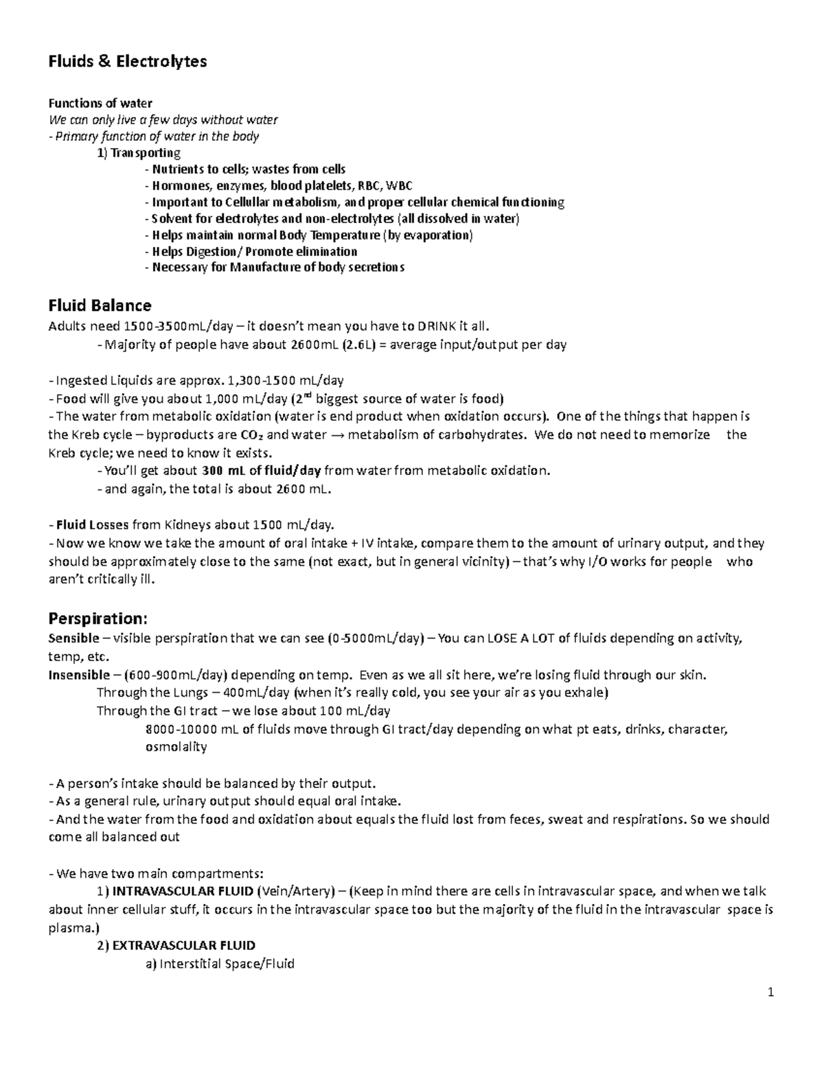 2 Fluids Electrolytes - process 1 - Fluids & Electrolytes Functions of ...