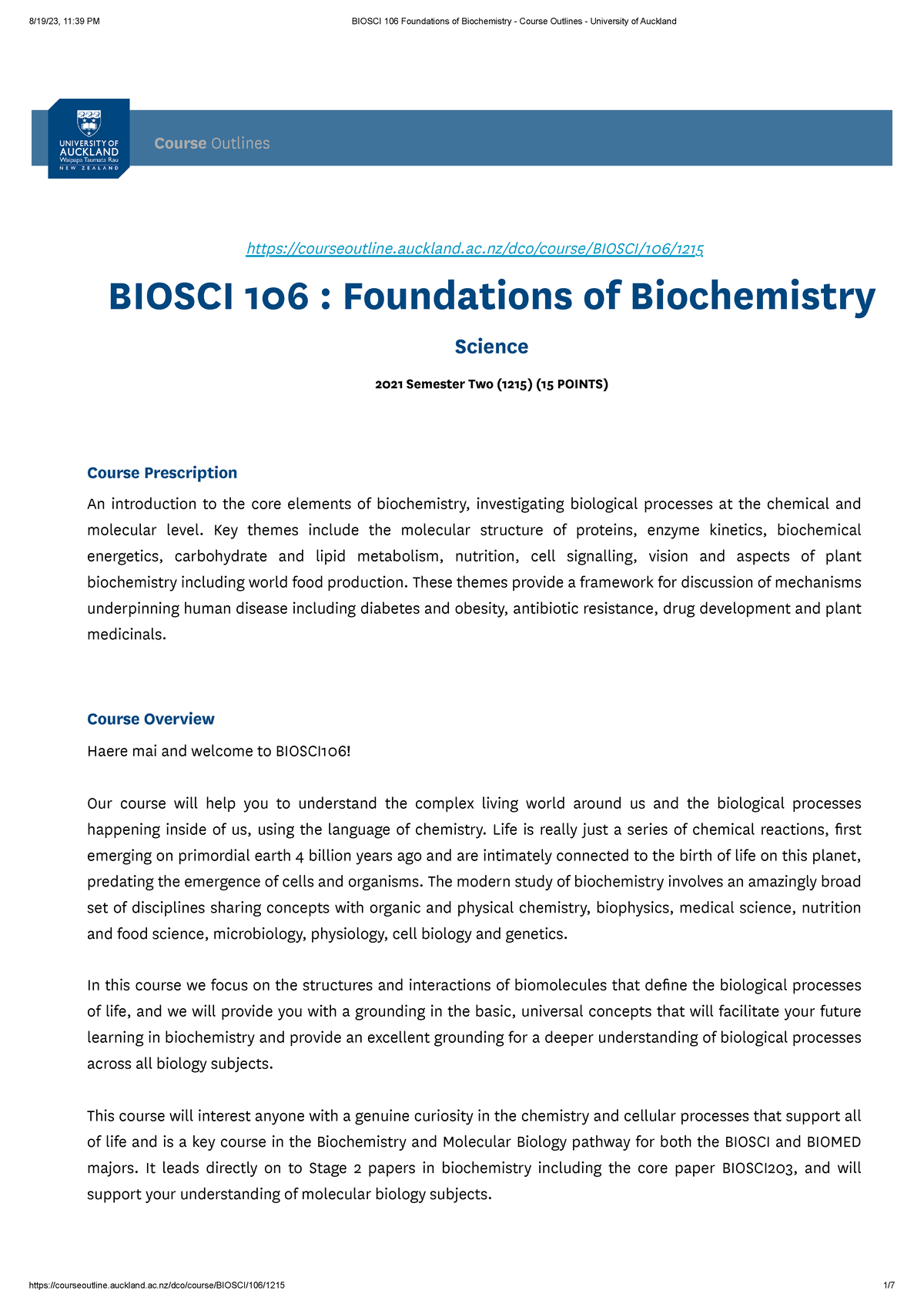 Biosci 106 Foundations of Biochemistry - Course Outlines - University ...