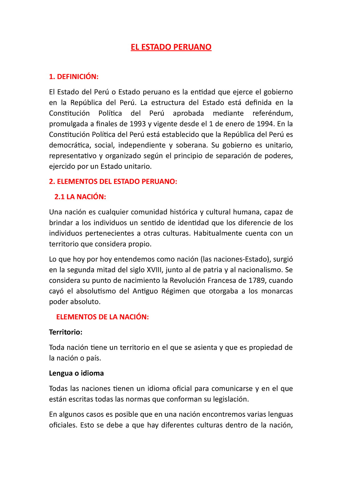 EL Estado Peruano - Adasda - EL ESTADO PERUANO 1. DEFINICIÓN: El Estado ...