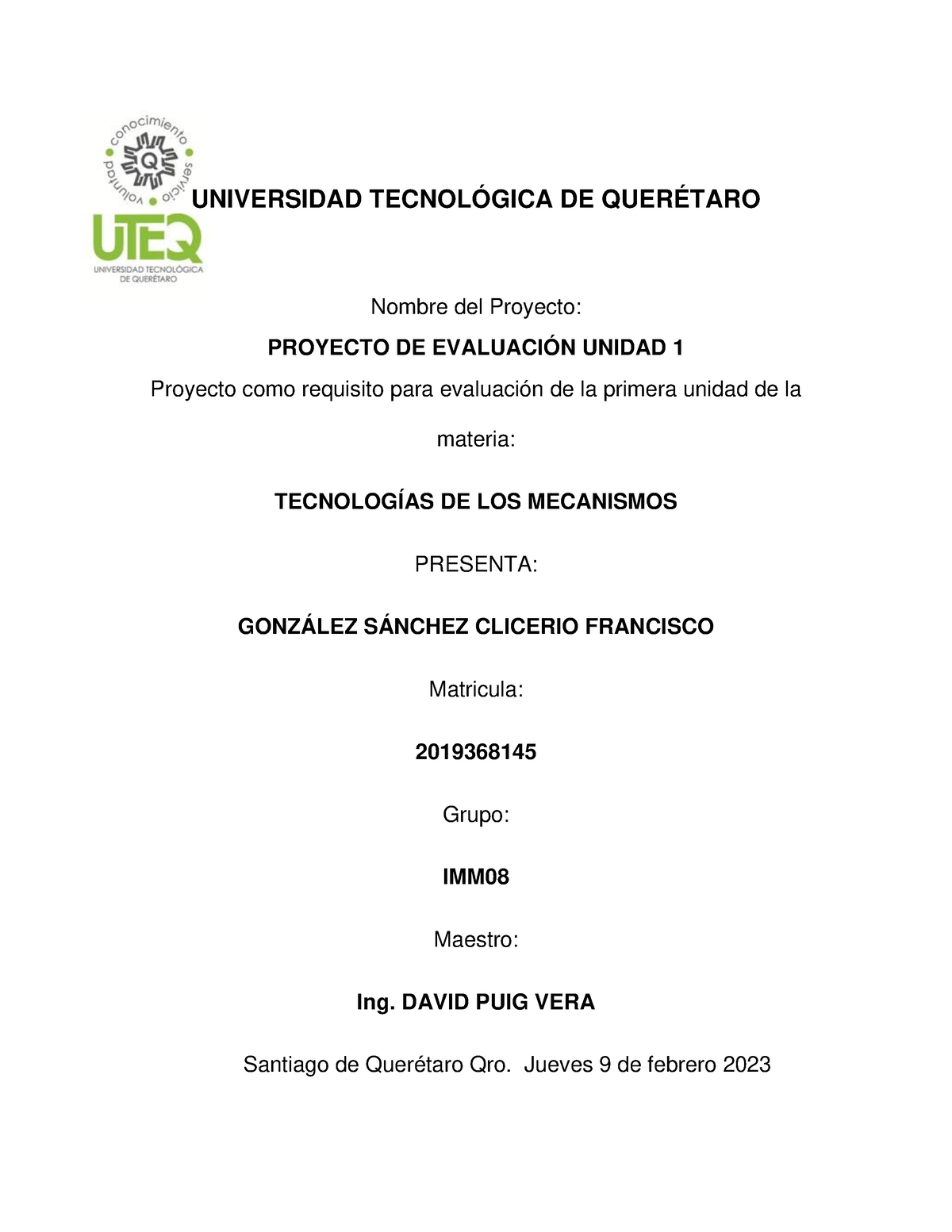 Tipos De Mecanismos - Universidad TecnolÓgica De QuerÉtaro Nombre Del 