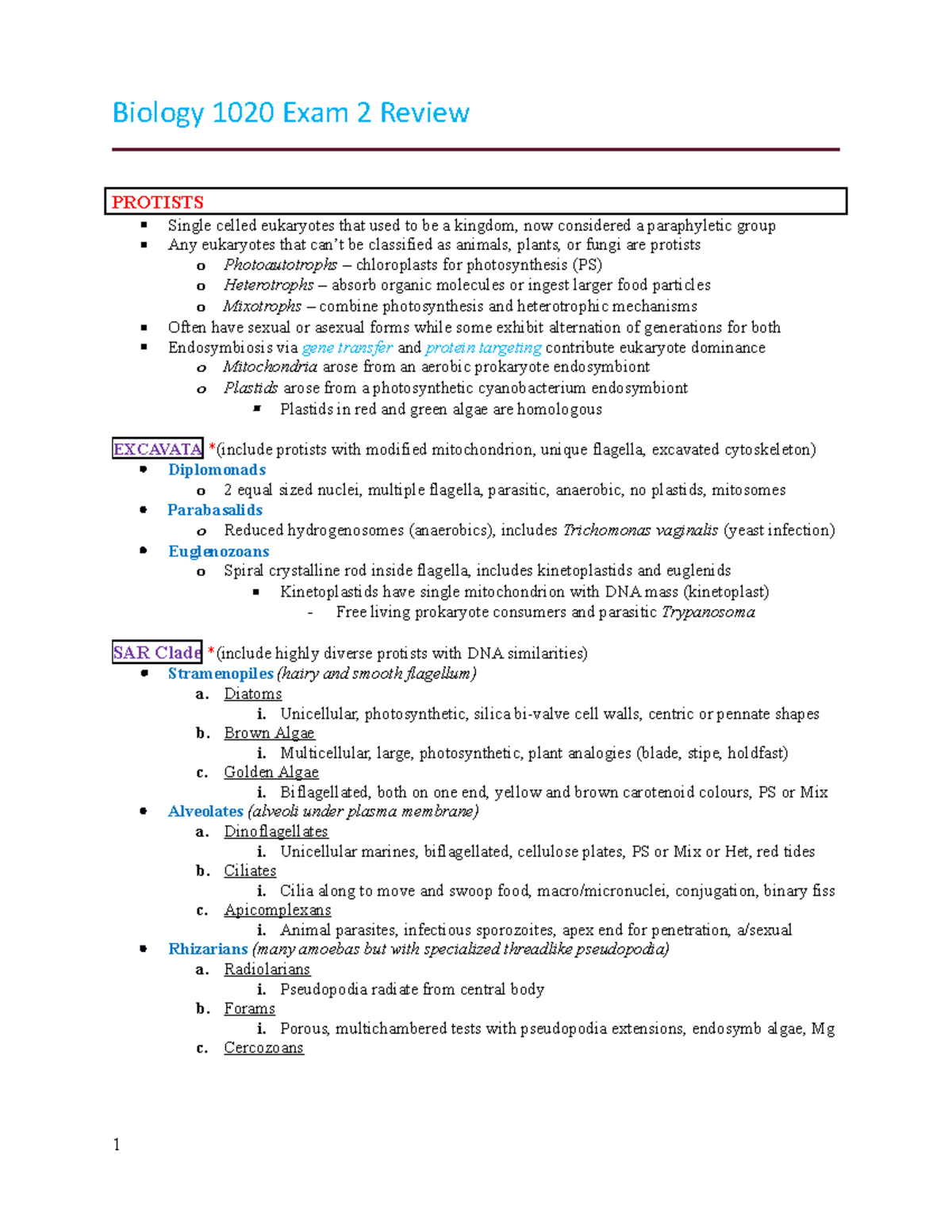 Bio 1020 Exam 2 - All Content Knowledge Required For Exam 2 - Biology ...