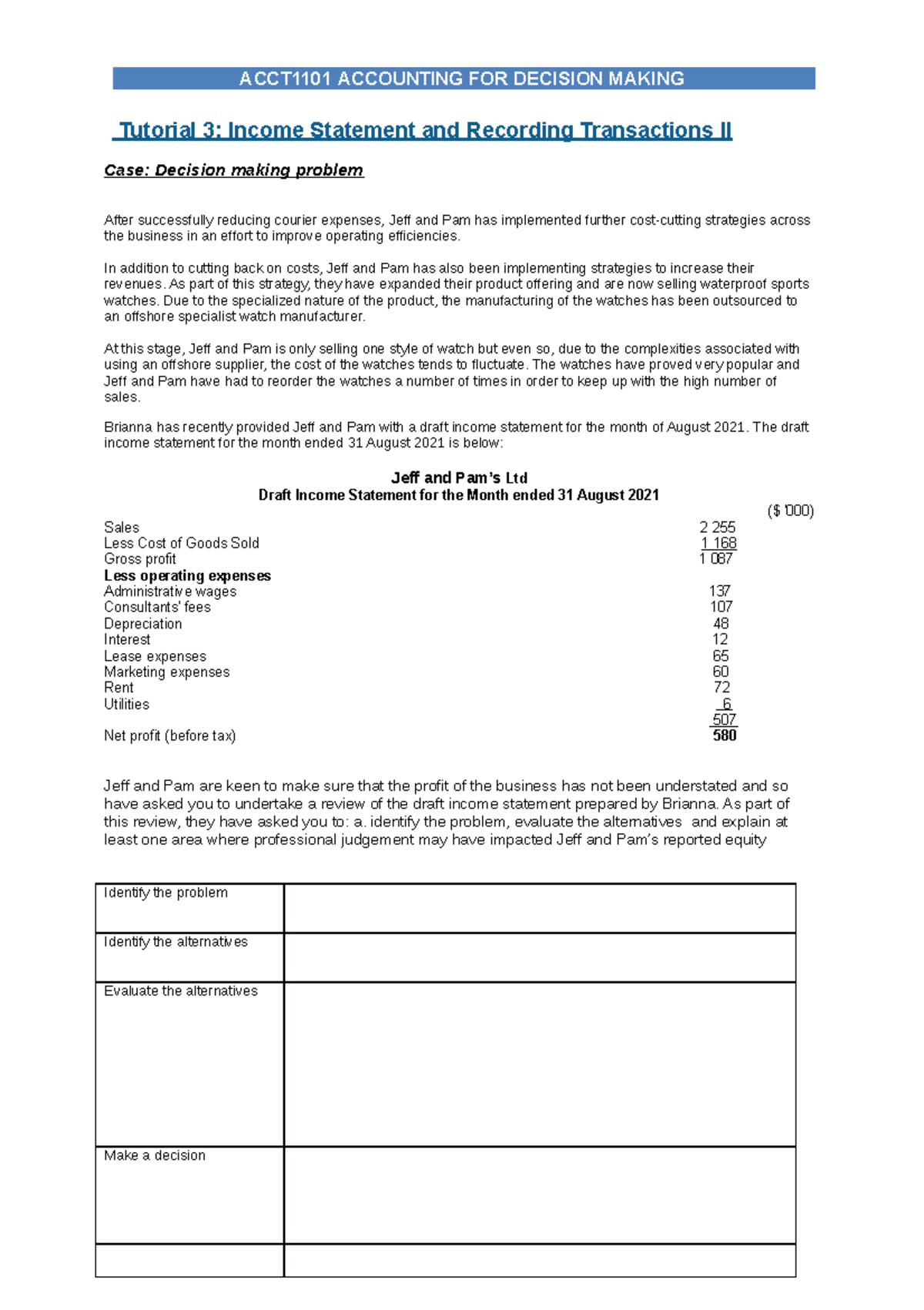 Tutorial 3 In-Class and Case Questions - Tutorial 3: Income Statement ...