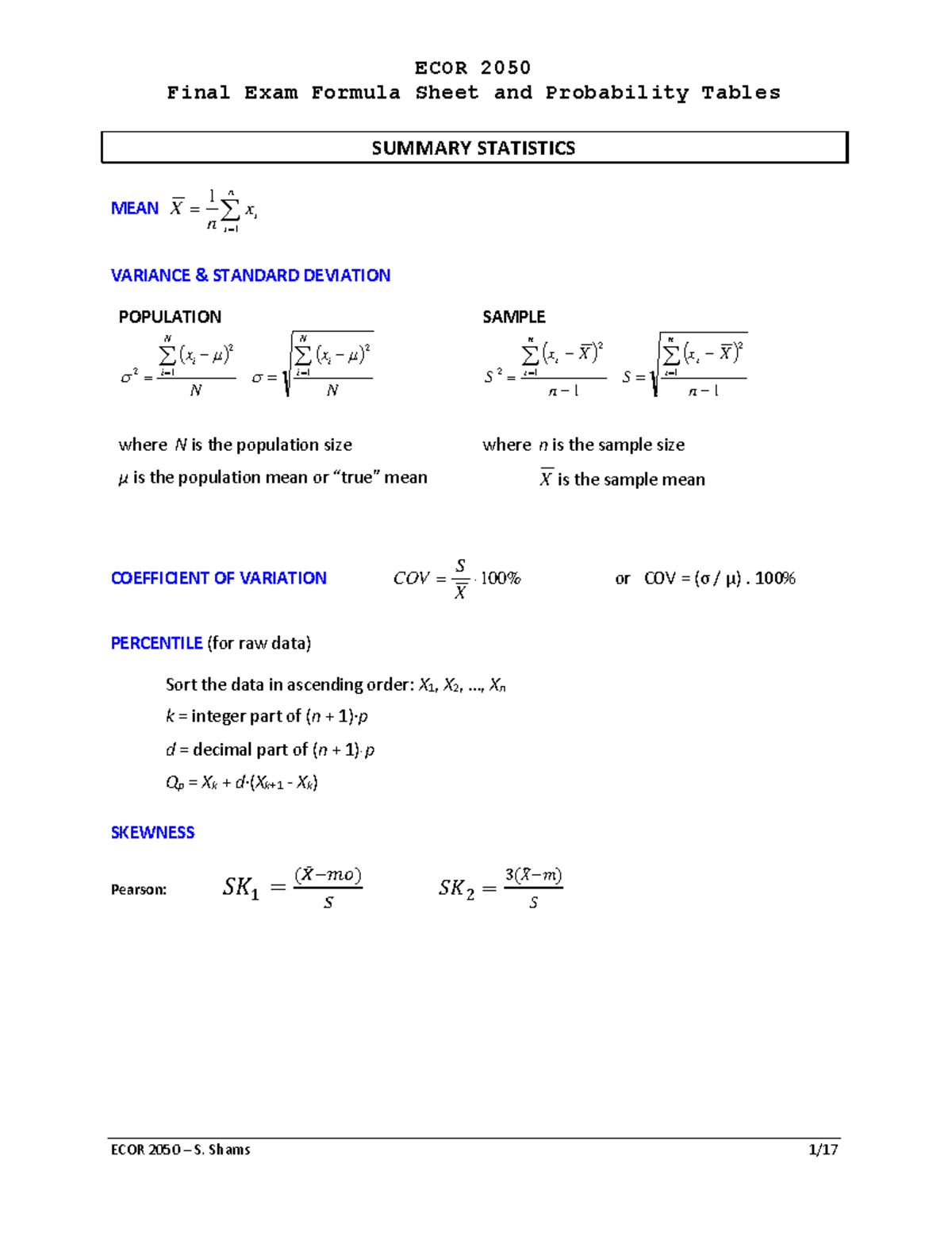 Formula Sheet and Tables Final ECOR 2050 Final Exam Formula Sheet