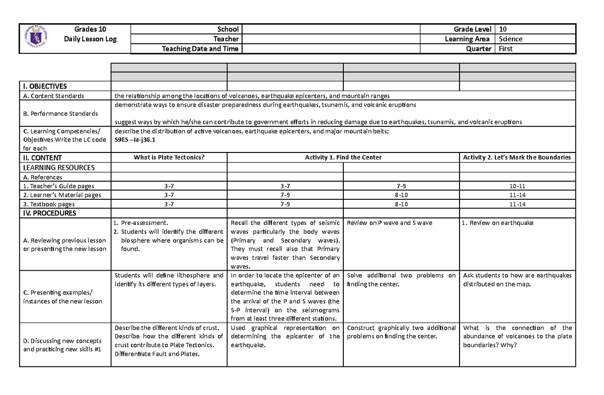 Dll science 10 June two-weeks only - Grades 10 Daily Lesson Log School ...