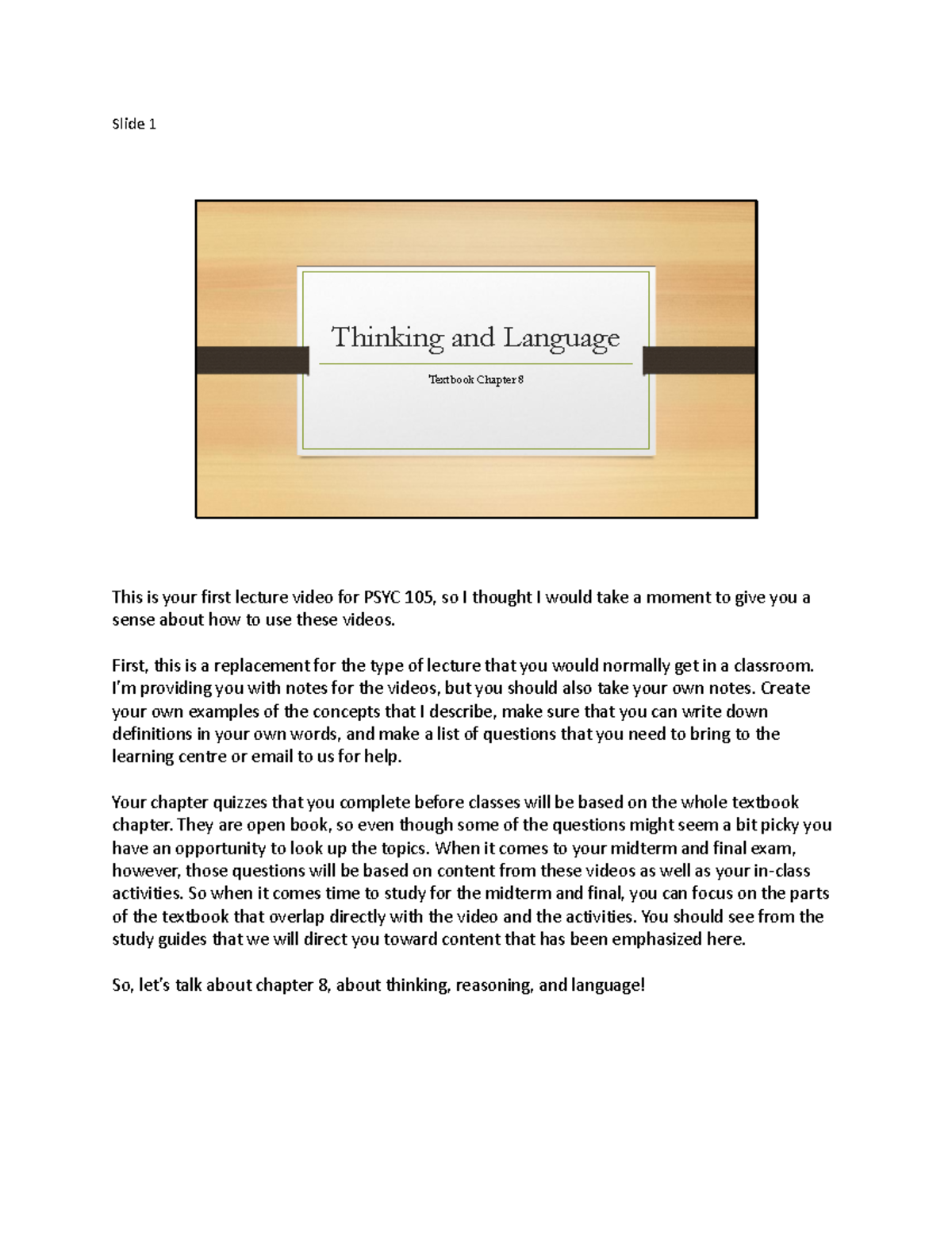 Chapter 8 - Lecture notes 1 - Slide 1 Thinking and Language Textbook ...