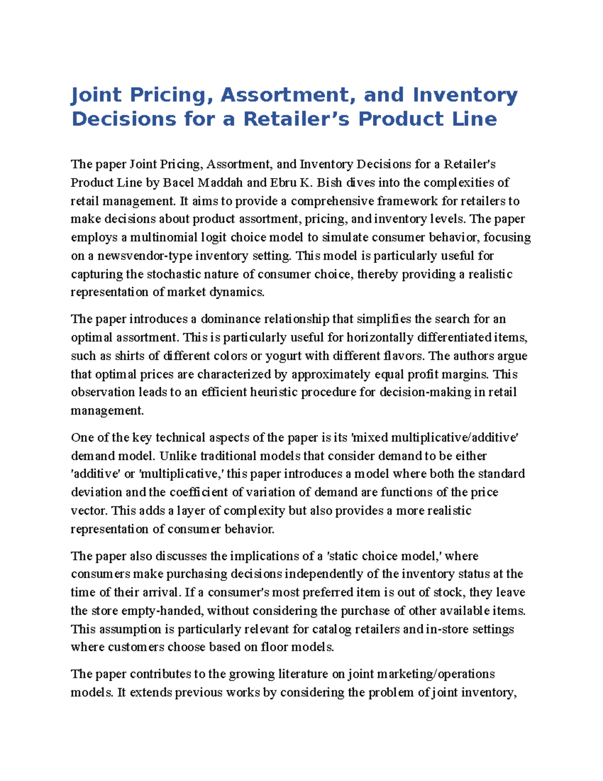 Summary - Joint Pricing, Assortment, and Inventory Decisions for a ...
