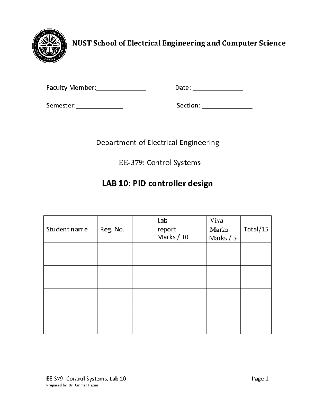 Control Systems Lab 10 No. Lab report Marks / 5 Total/ NUST School of