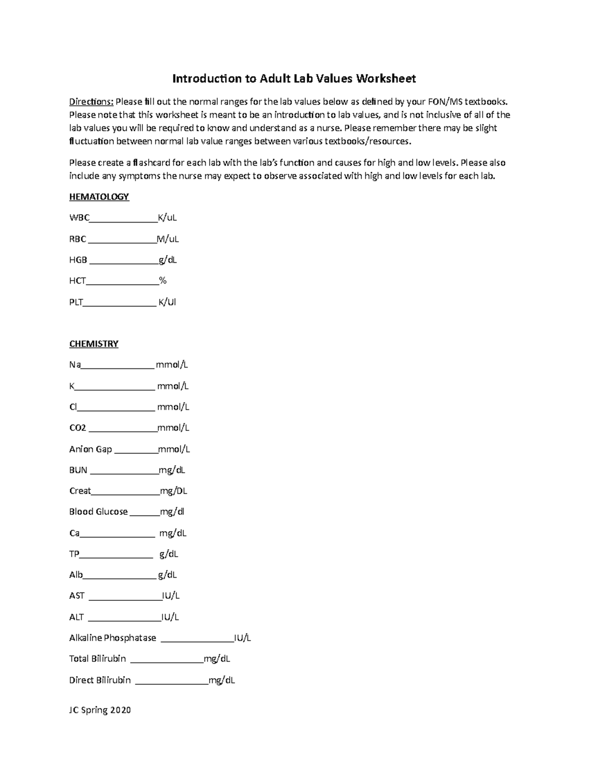 Intro Adult Labs Worksheet Spring 2020 (1) Introduction to Adult Lab Values Worksheet