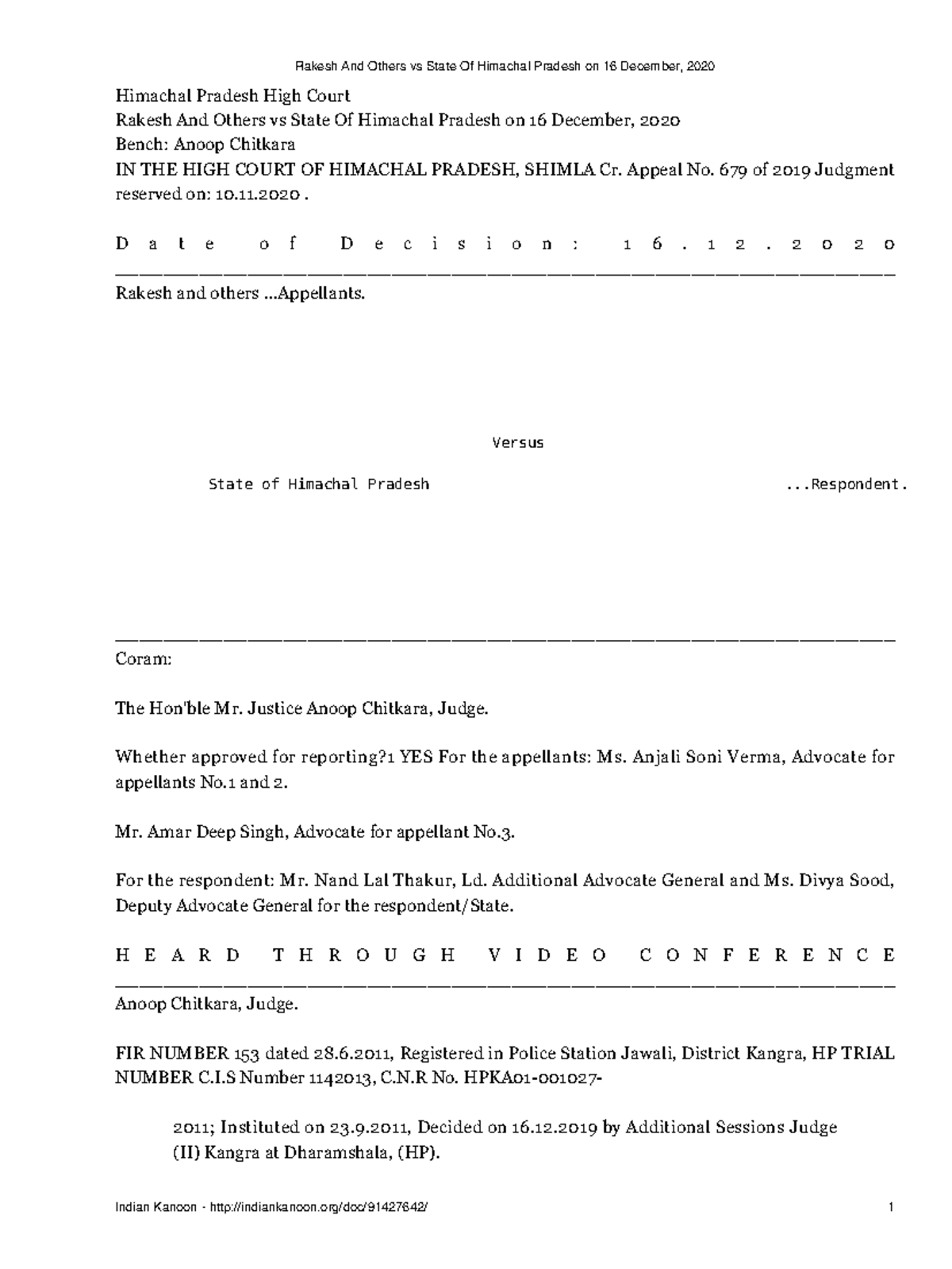 Rakesh And Others vs State Of Himachal Pradesh on 16 December 2020