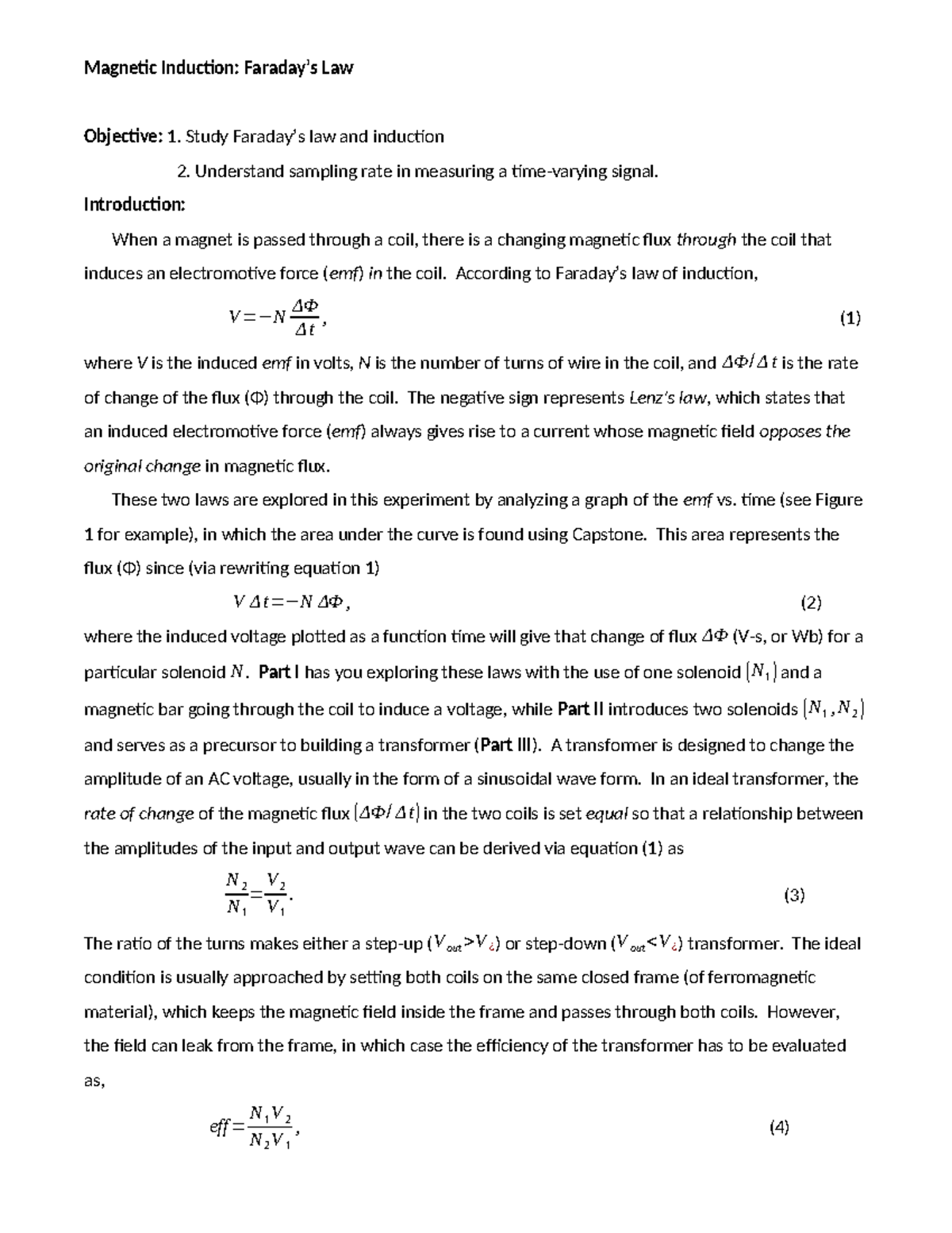 Faraday's Law Instruction - Magnetic Induction: Faraday’s Law Objective 