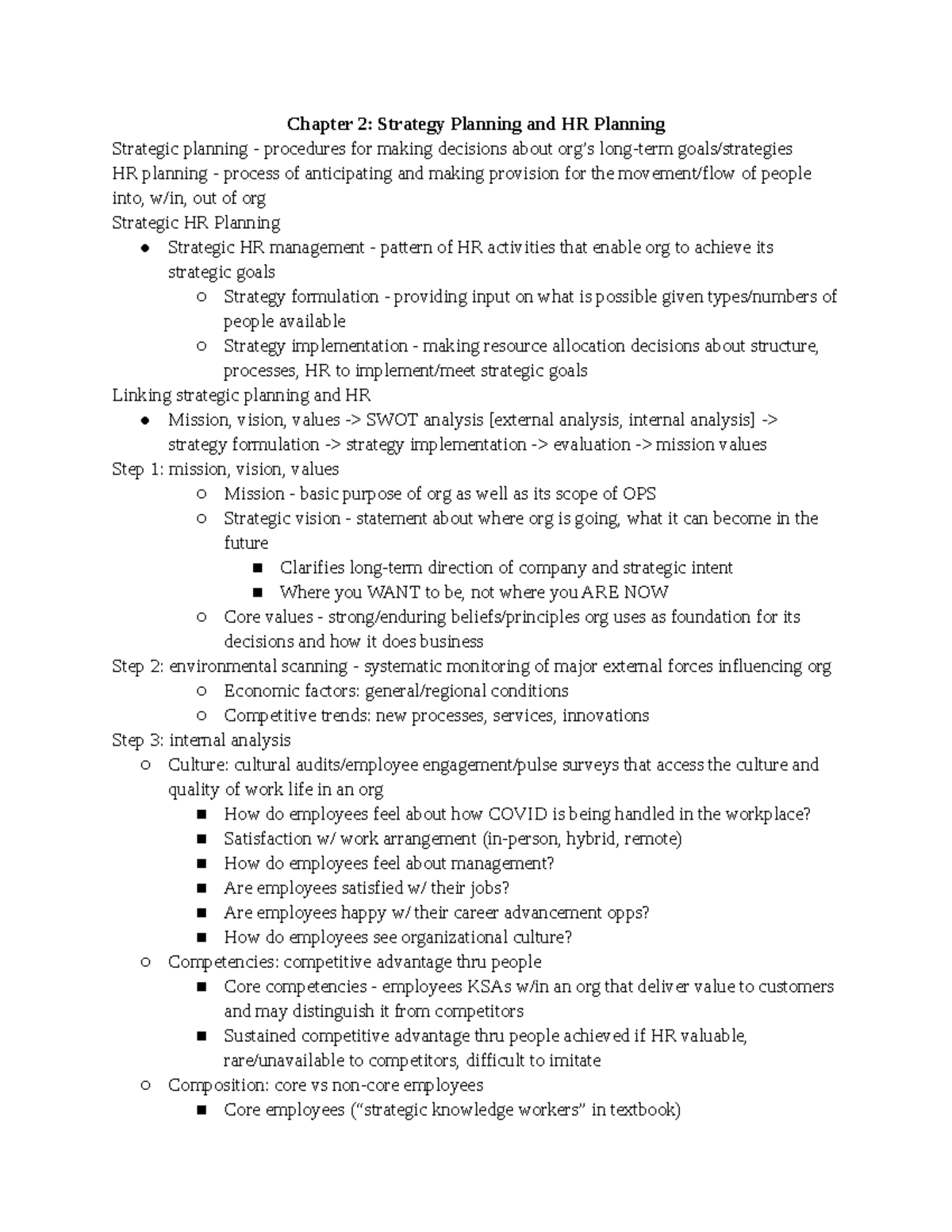 MGT 352 Ch 2 Strategy Planning and HR Planning notes Chapter 2
