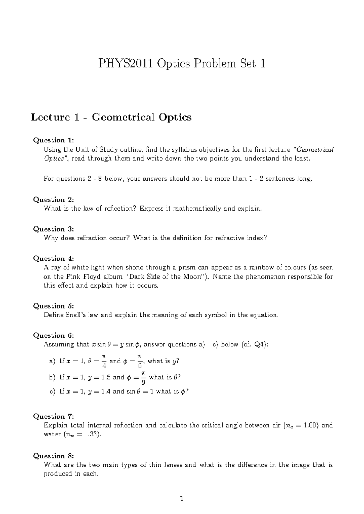 PHYS2011 optics problems 1 - PHYS2011 Optics Problem Set 1 Lecture 1 ...