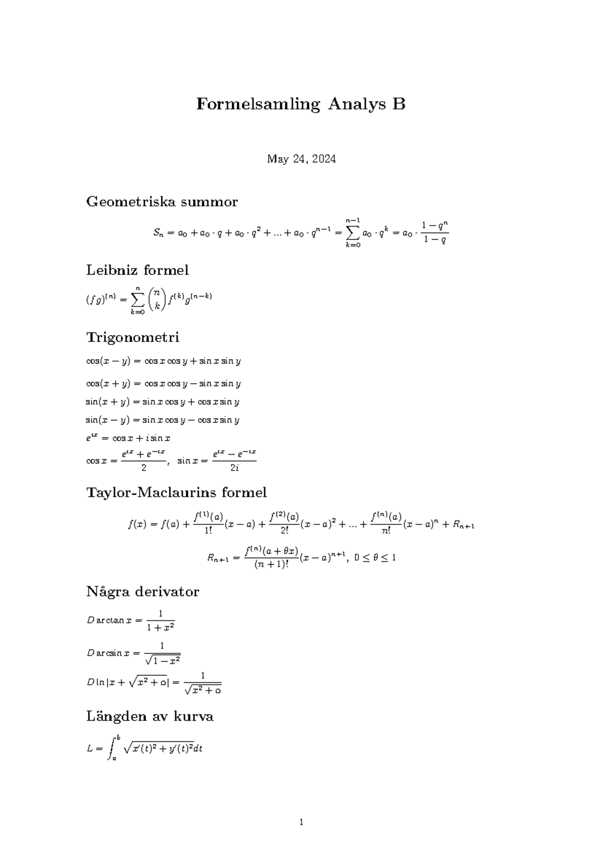 Formelsamling Analys B - Formelsamling Analys B May 24, 2024 ...