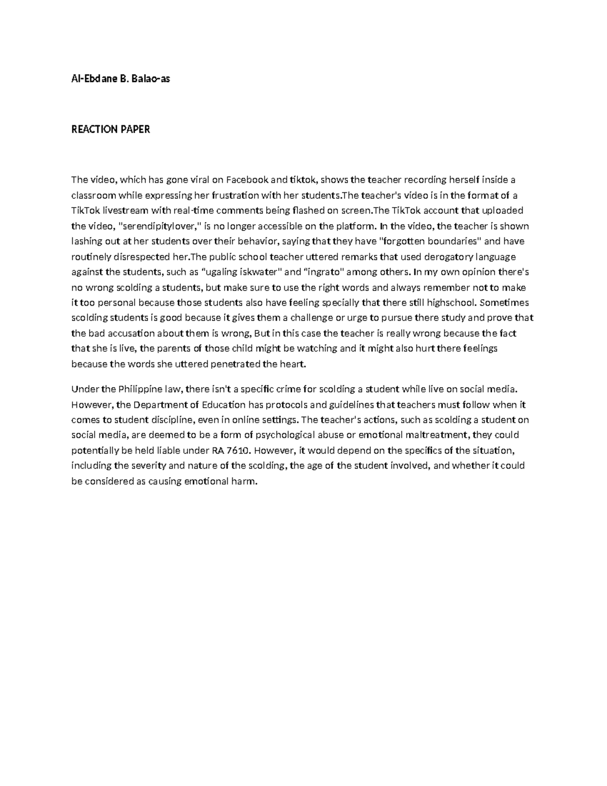 Reaction Paper ON Juvenile - Al-Ebdane B. Balao-as REACTION PAPER The ...