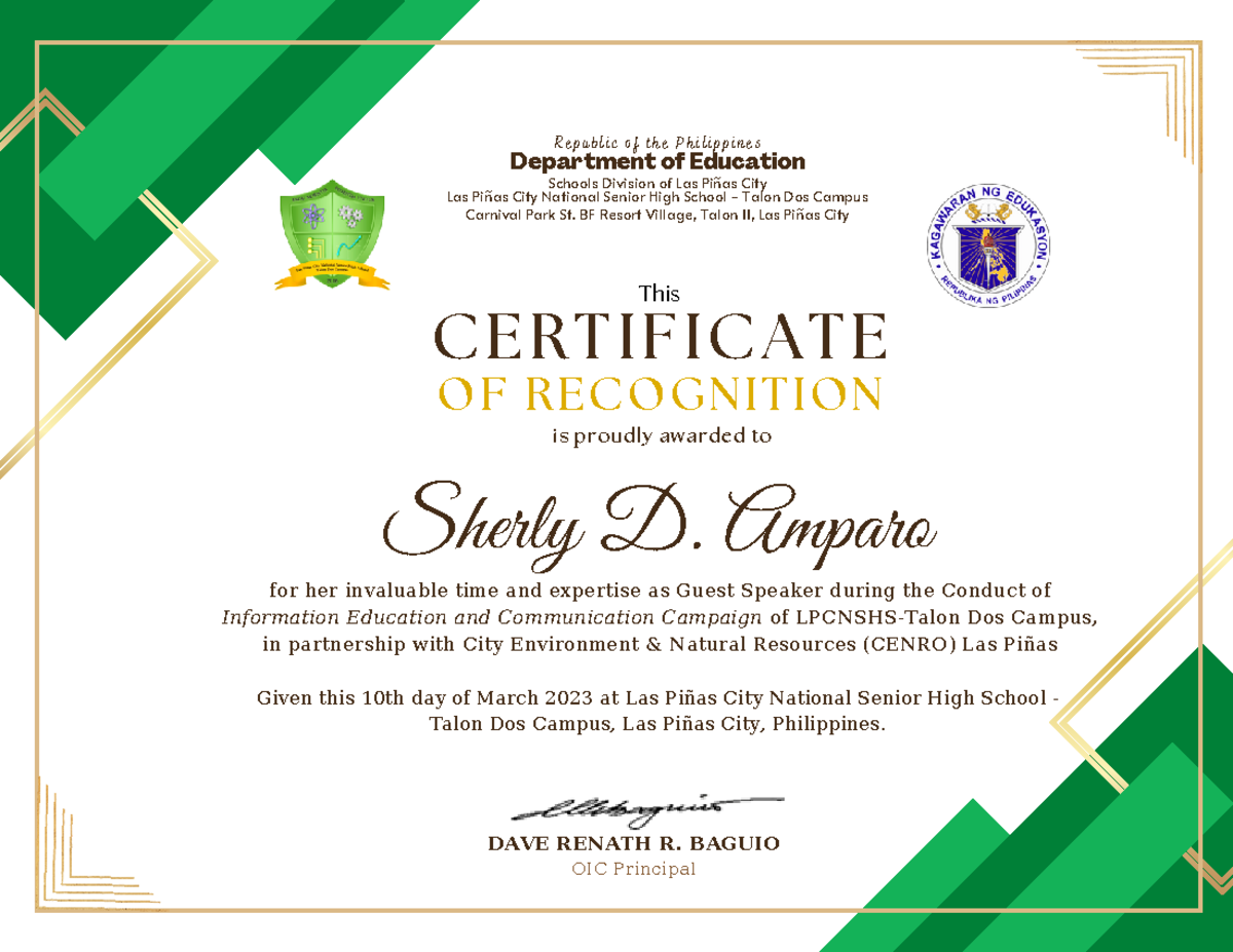 Certificate Sherly Amparo - R E P U B L I C O F T H E P H I L I P P I N 