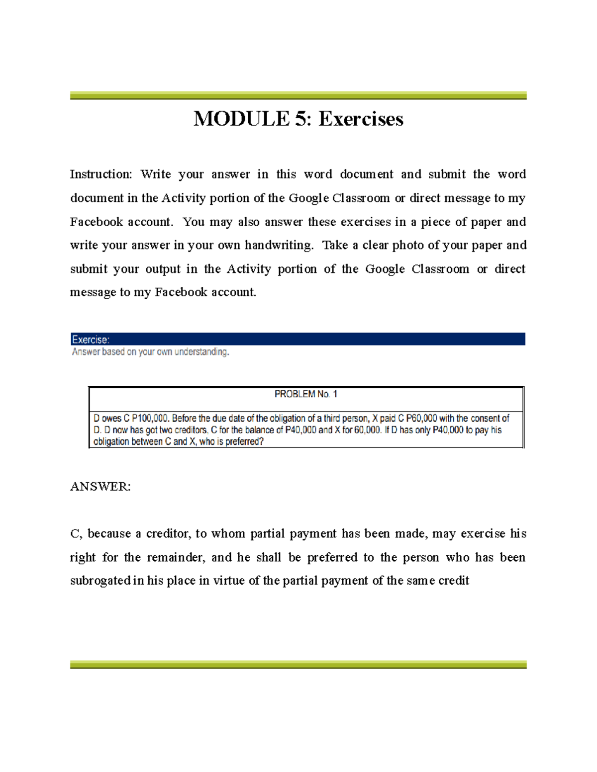 Business Law Module 5 Activities Module 5 Exercises Instruction