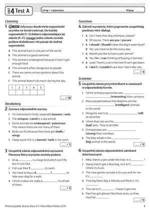 Brainy kl5 Unit Test 1 C - test - UNIT 1 Test C Imię i nazwisko: Klasa ...