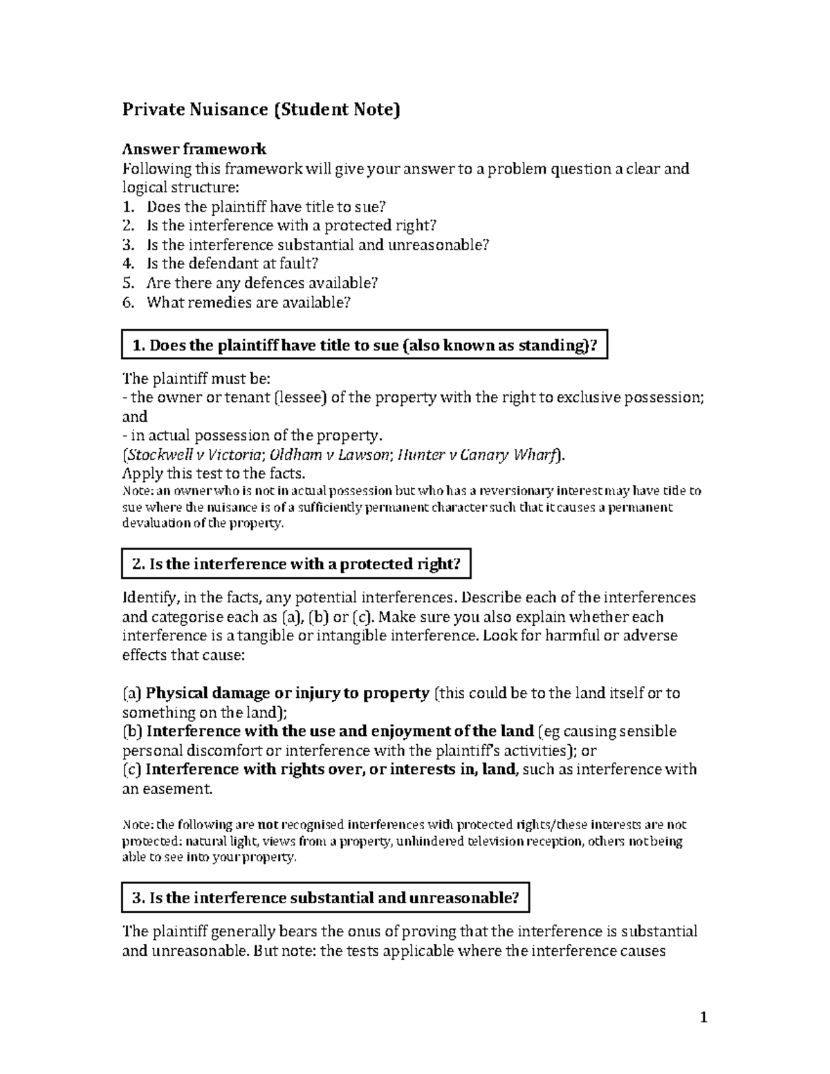 Nuisance Answer Framework - 1 Private Nuisance (Student Note) Answer ...