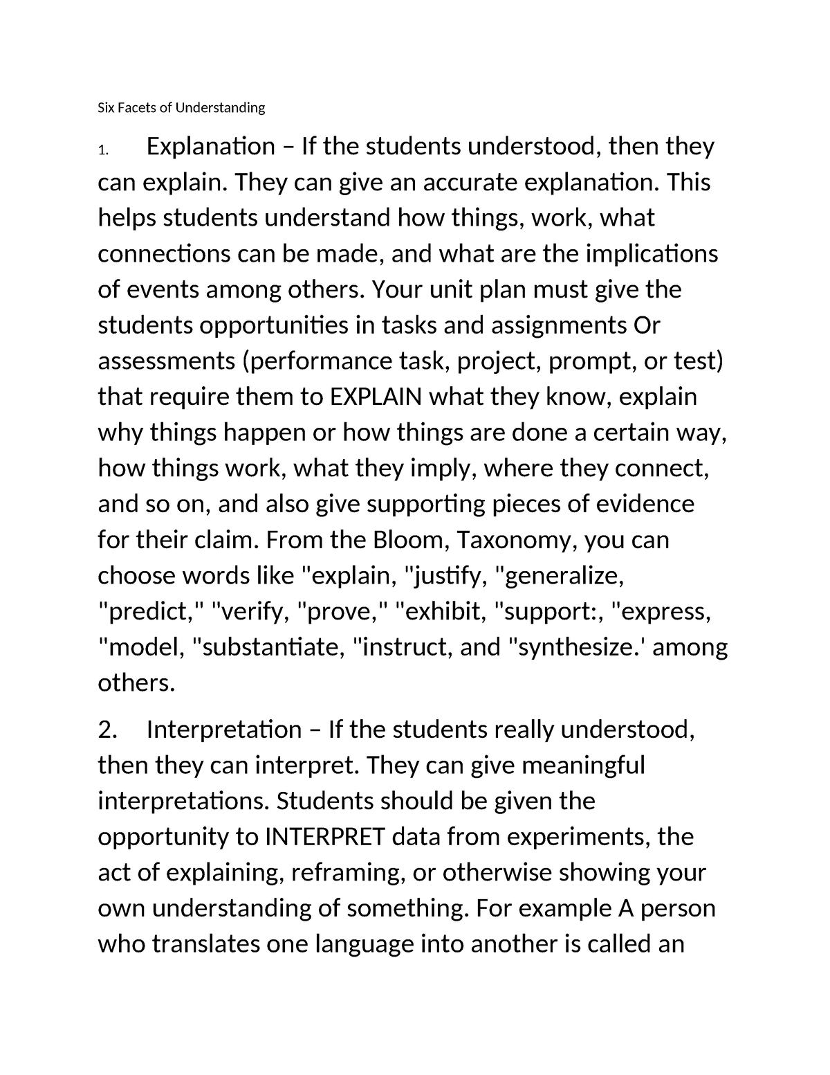 Six Facets of Understanding - Six Facets of Understanding Explanation ...