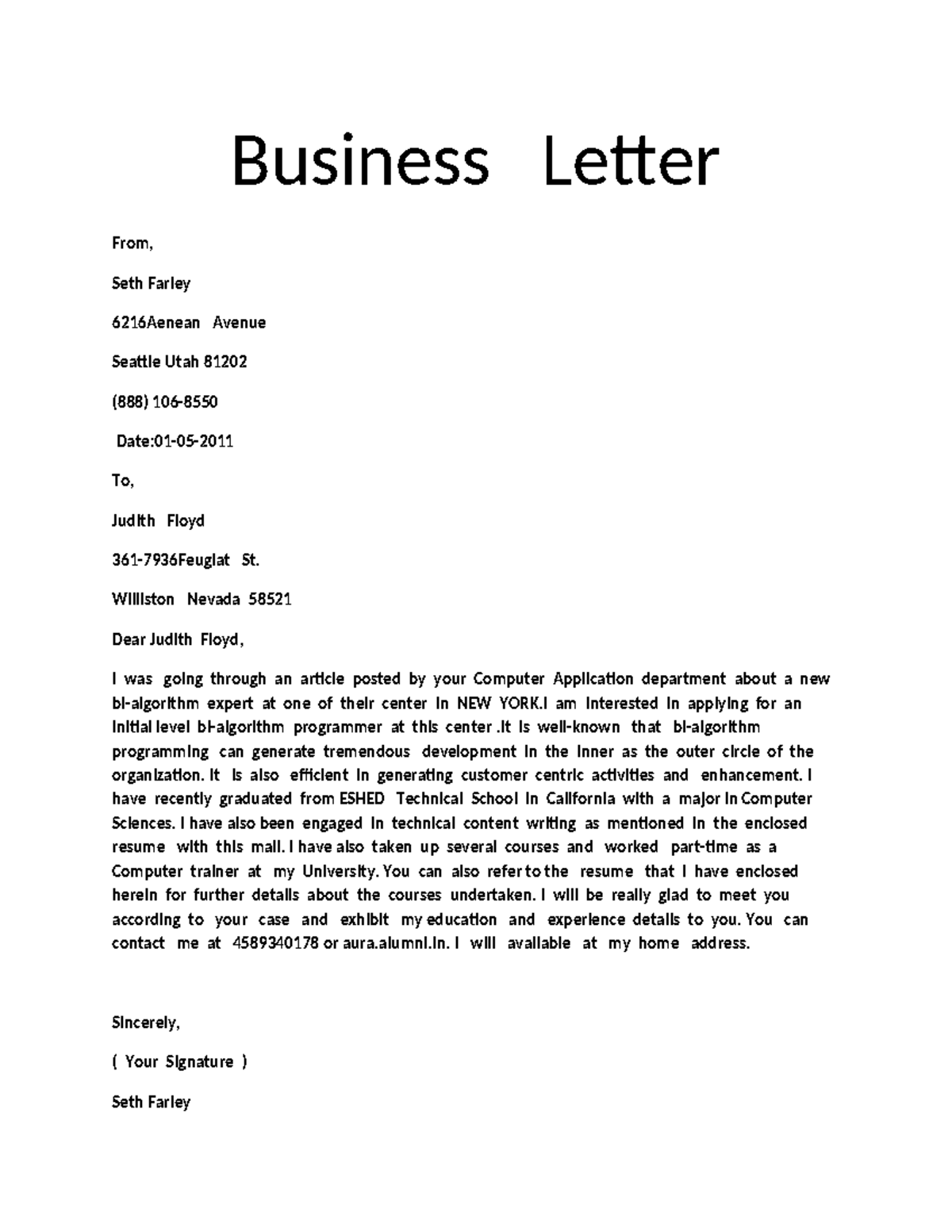 CNF - kbnjhuhyug - Business Letter From, Seth Farley 6216Aenean Avenue ...