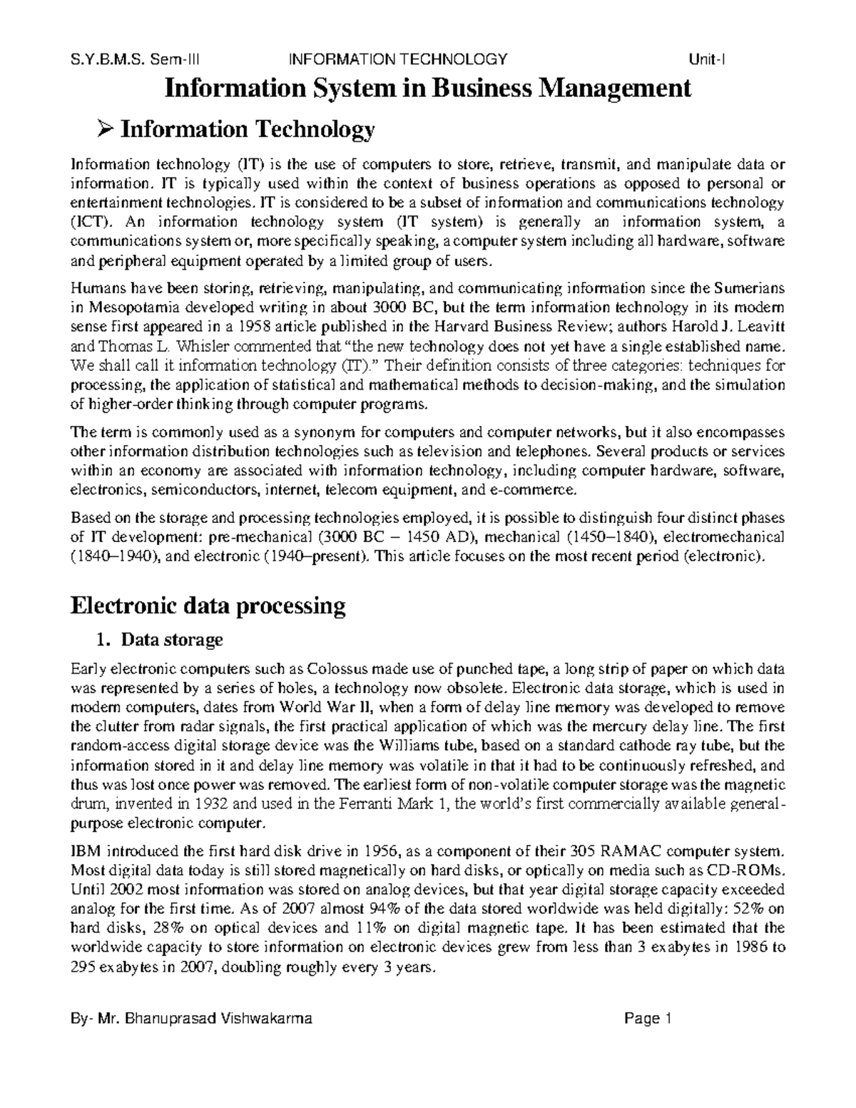 SY BMS SEM III IT- Unit-I - Information System in Business Management ...