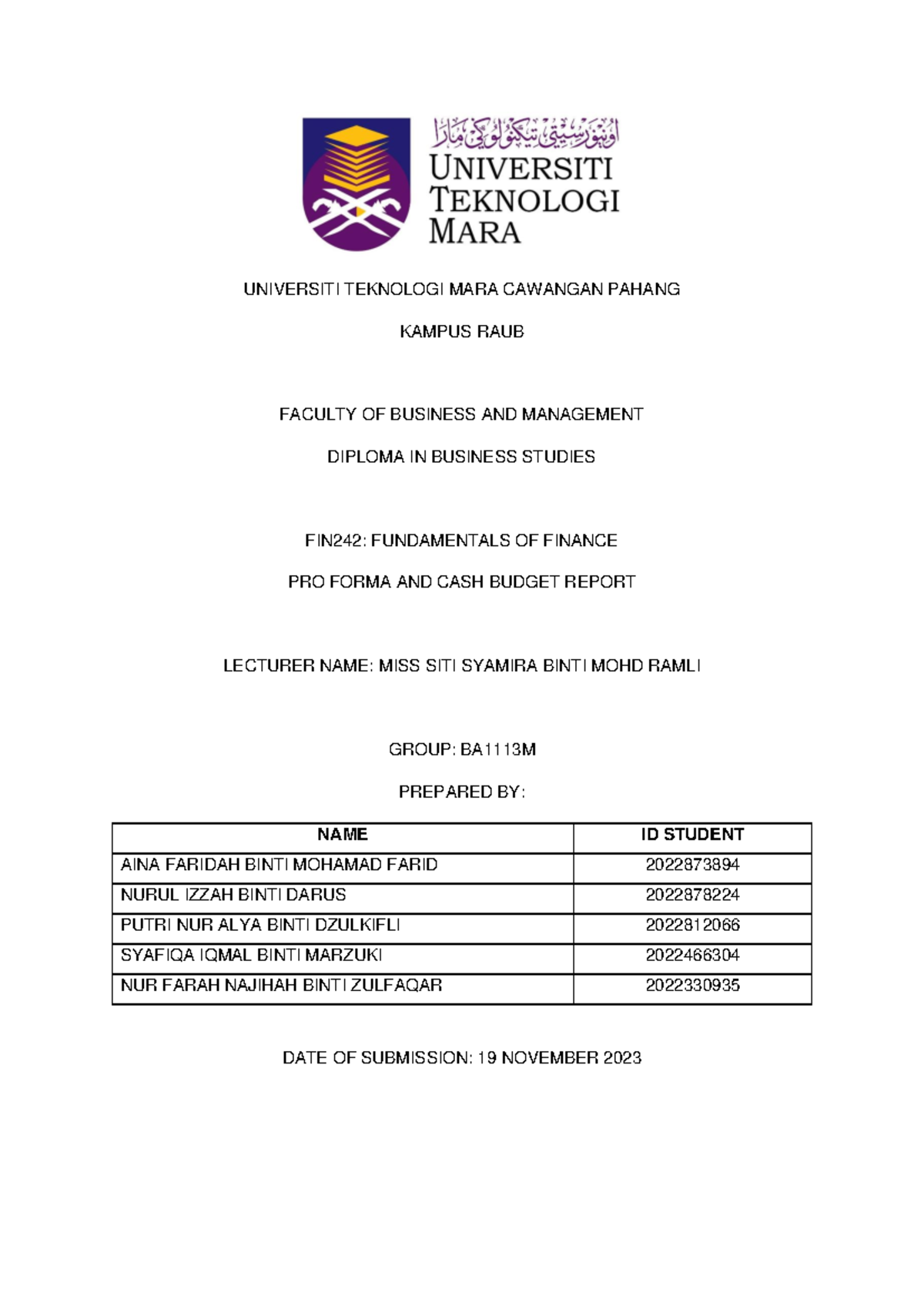 Assignment Fin242 Universiti Teknologi Mara Cawangan Pahang Kampus