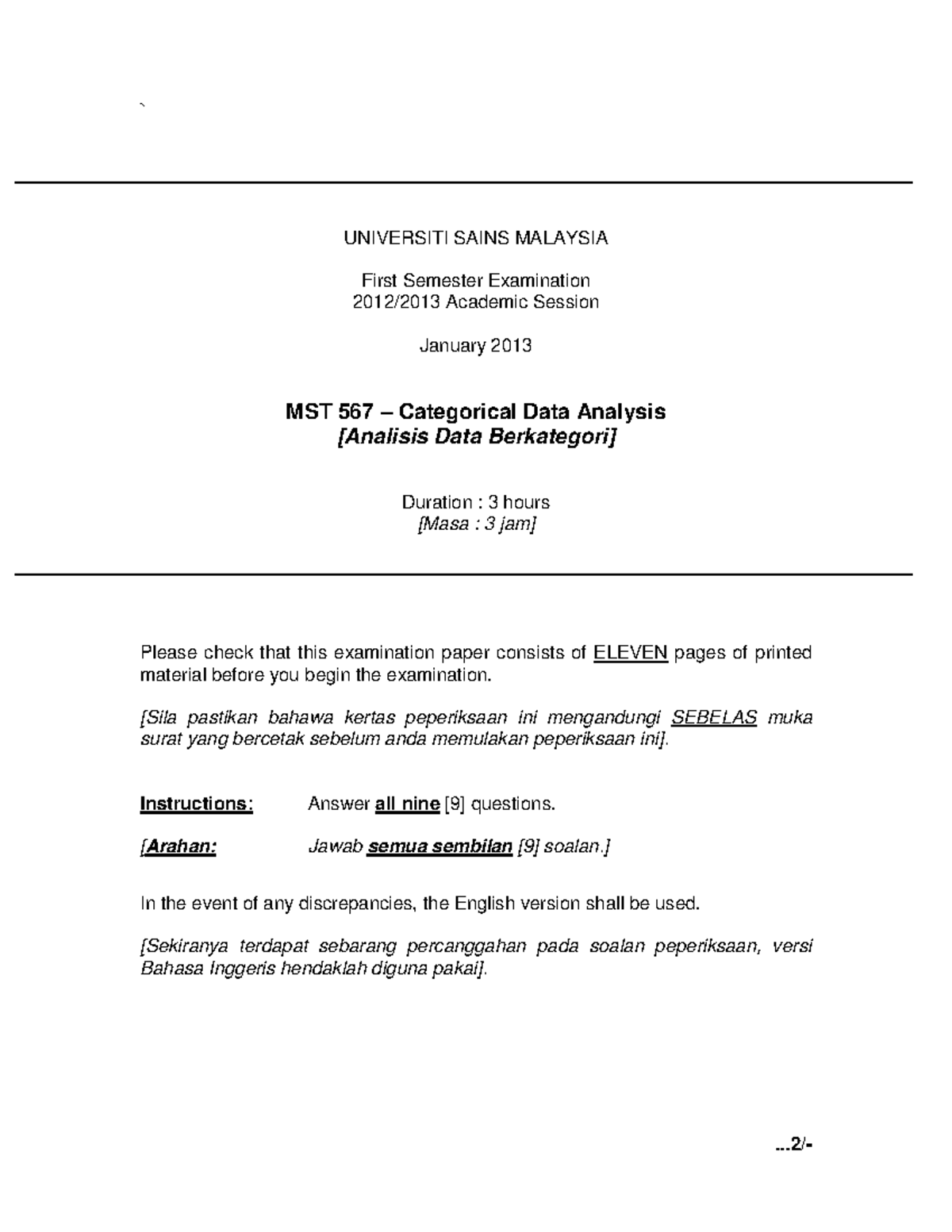 MAT 363 - Statistical Inference (Final Exam Jan 2013) - ` UNIVERSITI ...