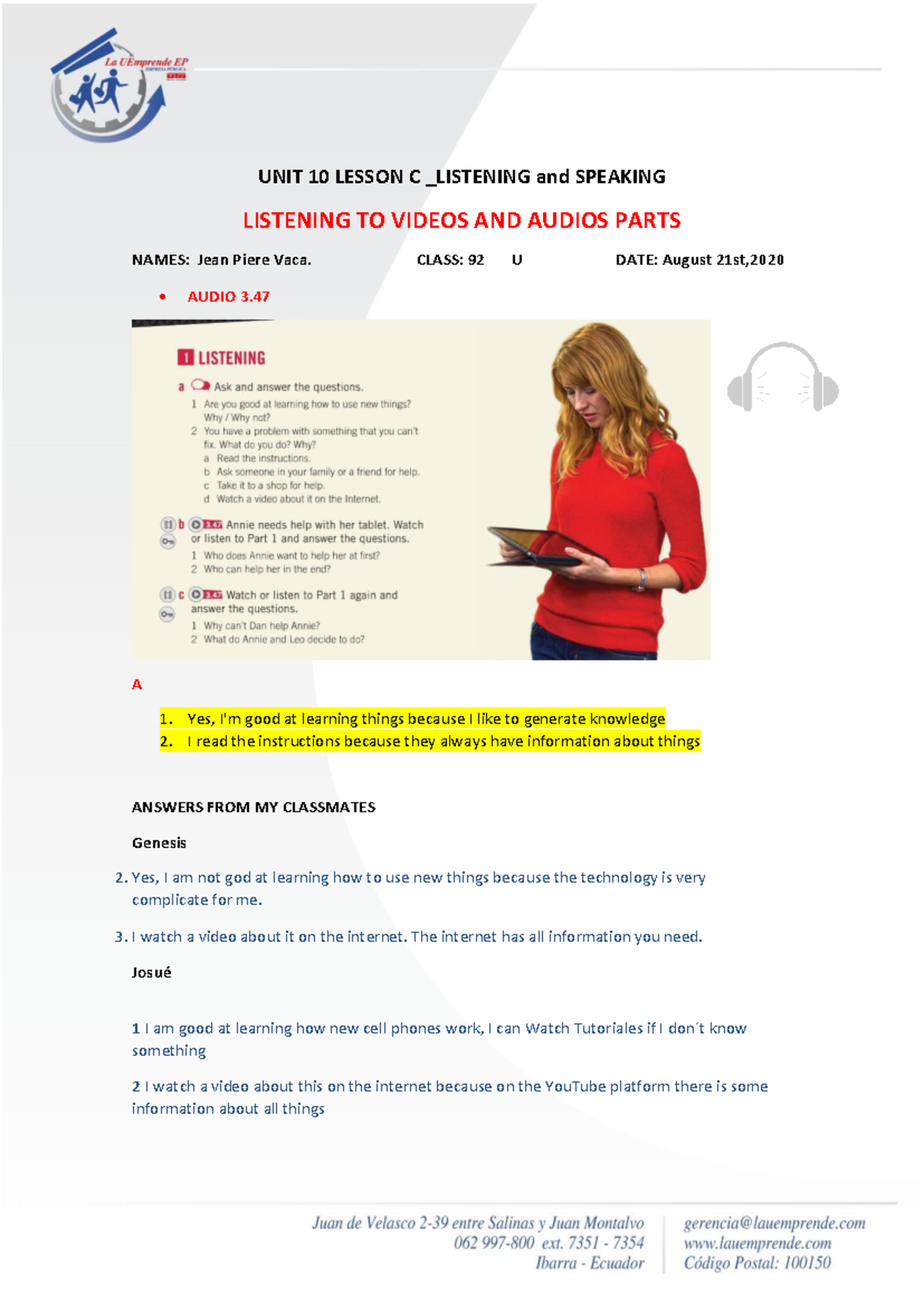 Listening UNIT 10 Lesson C VACA JEAN - UNIT 10 LESSON C _LISTENING and ...