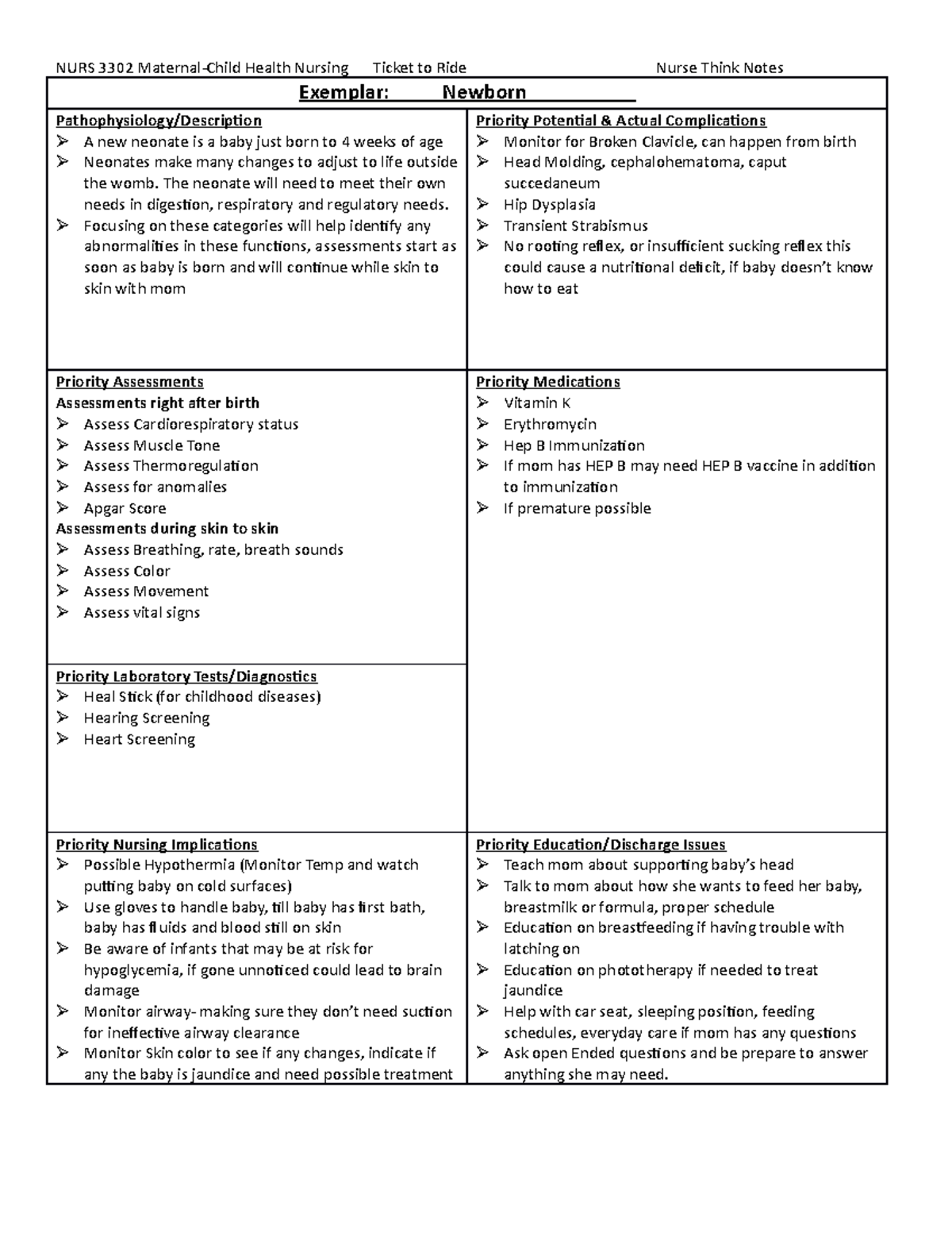 Newborn Ticket to Ride NURS 3302 MaternalChild Health Nursing Ticket